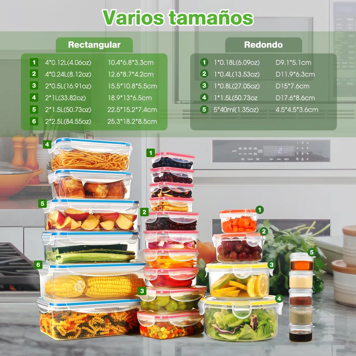 YASHE Recipientes de Plástico Alimentos Herméticos, Juego de 50 Piezas, Botes Cocina Almacenaje con Tapa, Sin BPA, 100% a Prueba de Fugas, Reutilizables y Lavables en el Lavavajillas