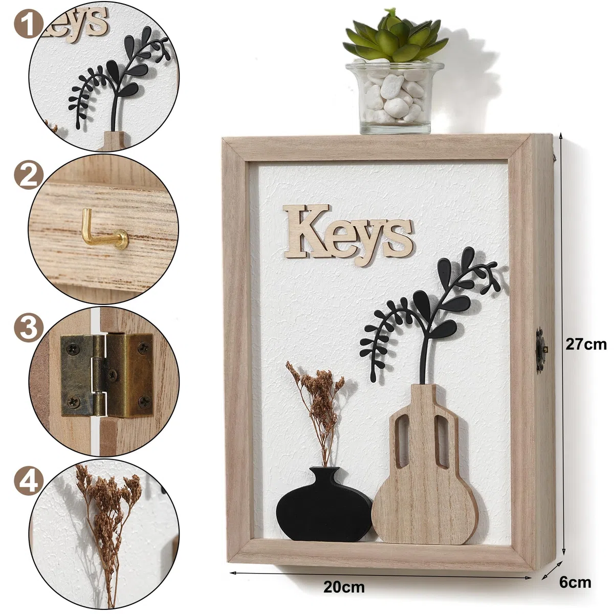 Caja para llaves de madera con jarrón 3D y flores secas, 6 ganchos para llaves, organizador de pared para entrada, pasillo, oficina, color blanco