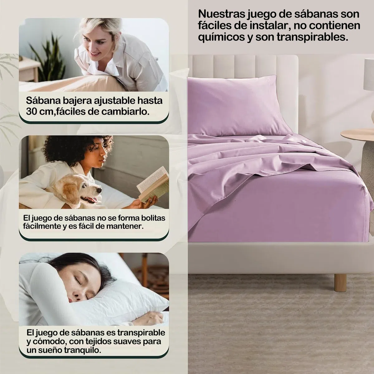 Juego de Sábanas de 4 Piezas de Cama 160 x 200,Poliéster Cepillado y Prelavado,Sábana Bajera Ajustable,Sábana encimera,Dos Funda para Almohada de 50x75cm,Suave y Retención de Calor Lila
