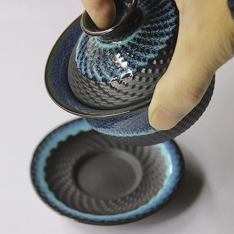 Kiln Gaiwan de cerámica esmaltada, taza de té de porcelana Kungfu, taza de té retro china, Sancai Gaiwan con platillo con tapa