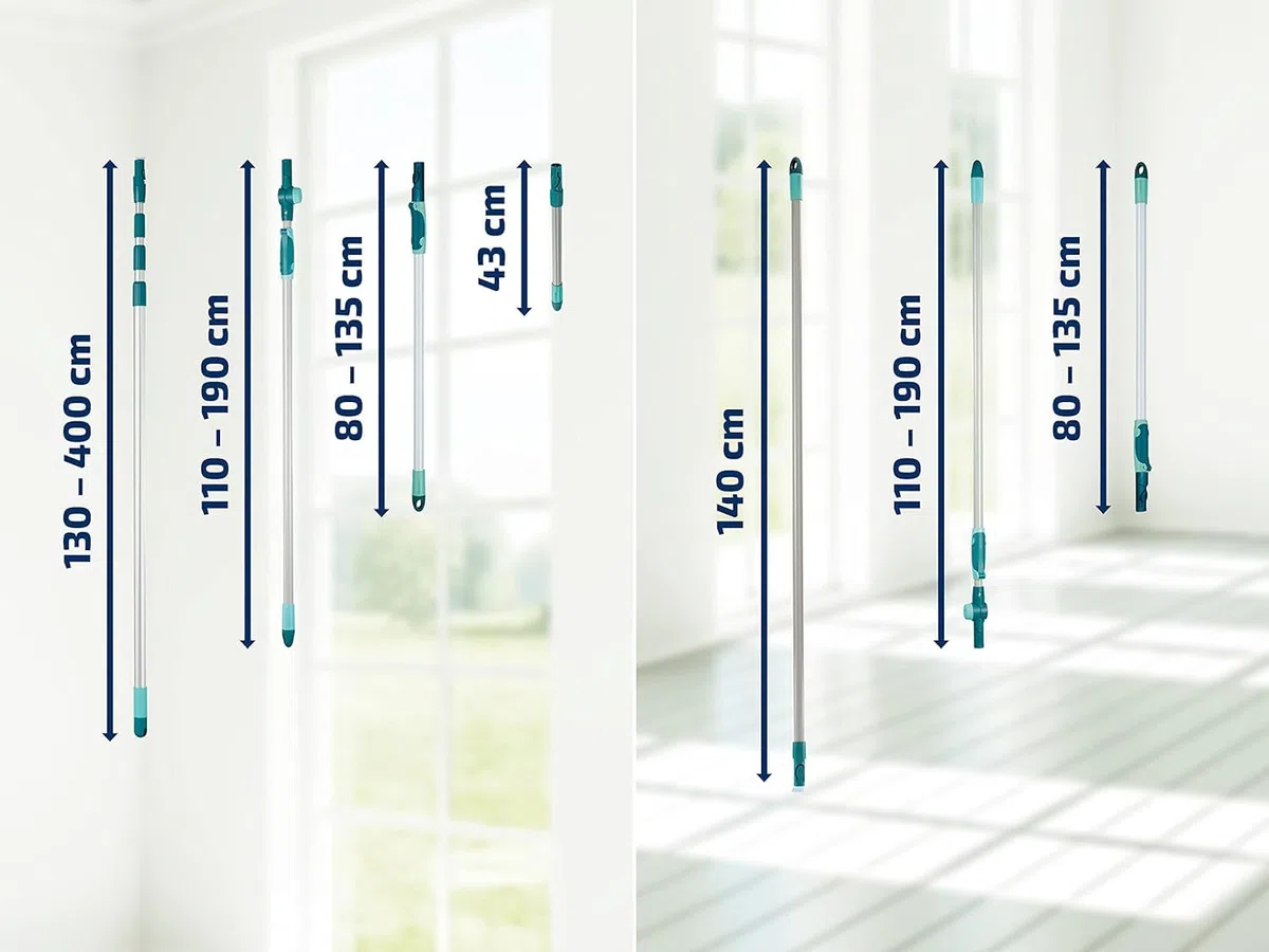 Leifheit Palo de acero, palo telescópico de 130 a 400 cm con conexión Click System, palo extensible de limpieza con cabezal antideslizamiento