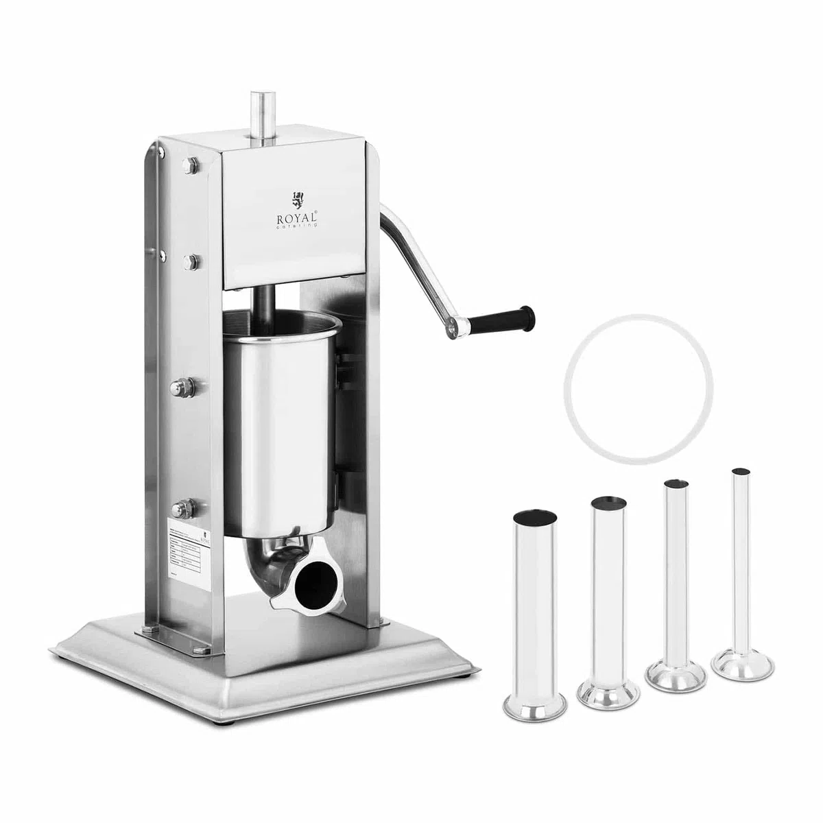 Royal Catering Embutidora Manual Vertical Máquina De Embutira RCWV-3L (Capacidad de llenado: 3 L, Cilindro: Ø 14 cm, Incluye 4 tubos de llenado, 2 velocidades)