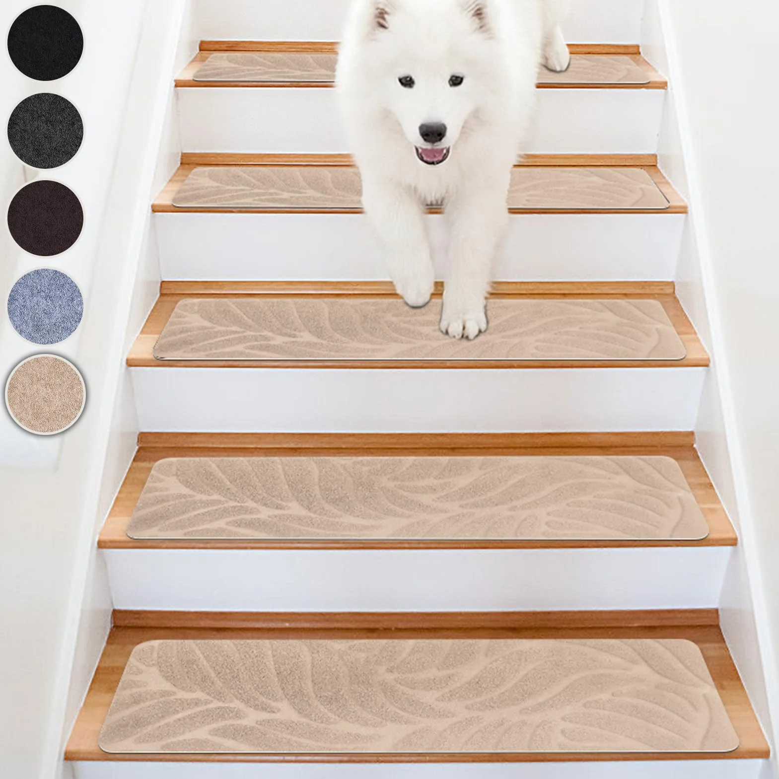 Alfombrillas para Escaleras Antideslizantes, 15 Alfombrillas Autoadhesivas Escalones Interiores, Recortables y Reutilizables - Protección para Mascotas, Mayores, Niños (Beige, 55x19 cm)