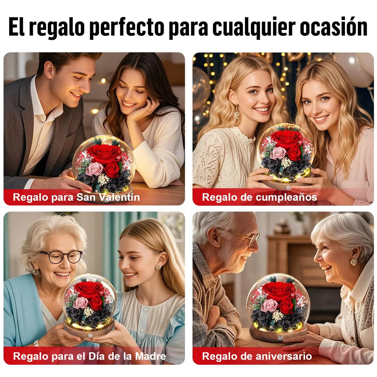 Rosa Eterna en Cúpula de Cristal con LED, Rosa Preservada por 5 Años, Flores Preservadas, Regalo para Mujer, Mamá, Novia o Esposa, Día de la Madre, San Valentín, Cumpleaños y Aniversario (Roja)