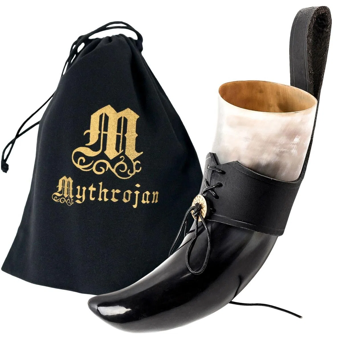 Mythrojan Cuerno vikingo para beber cerveza medieval negro auténtico con correa, taza de cerveza nórdica vikinga, 250 ml, réplica de 226.8 g