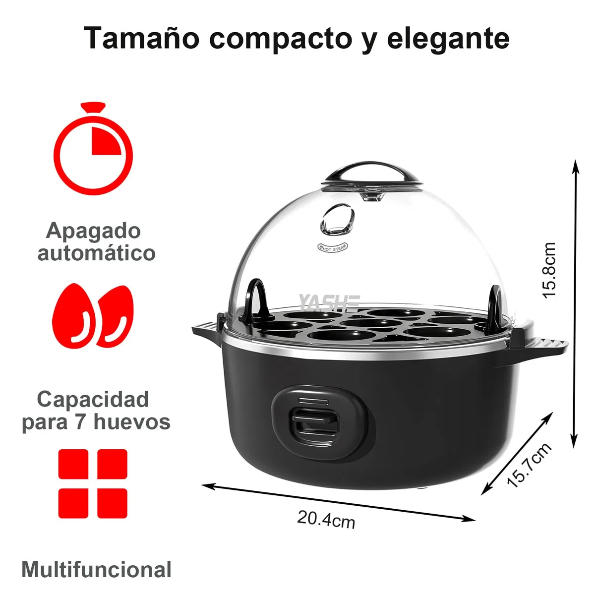 YASHE Cocedor de huevos, 7 huevos duros, para escalfar huevos, tortillas, bandeja y recipiente para huevos libres de BPA, señal acústica