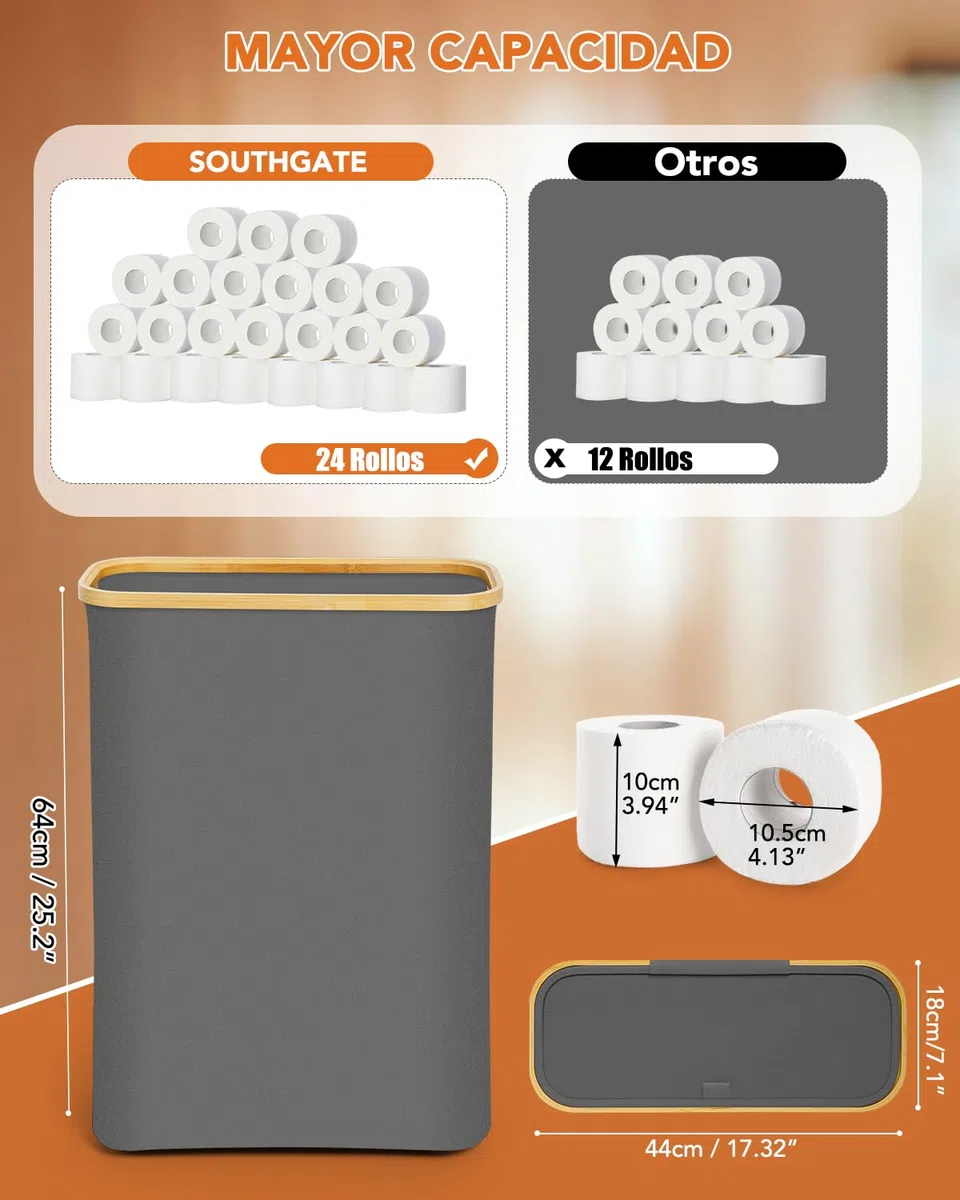 SOUTHGATE 50L Grande Cesta de Almacenamiento de Papel Higiénico con Tapa de Bambú, Capaz Para 16-24 Rollos de Papel, Almacenamiento de Rollos de Visibilidad, con Patas, Organizador de BañO con Asa
