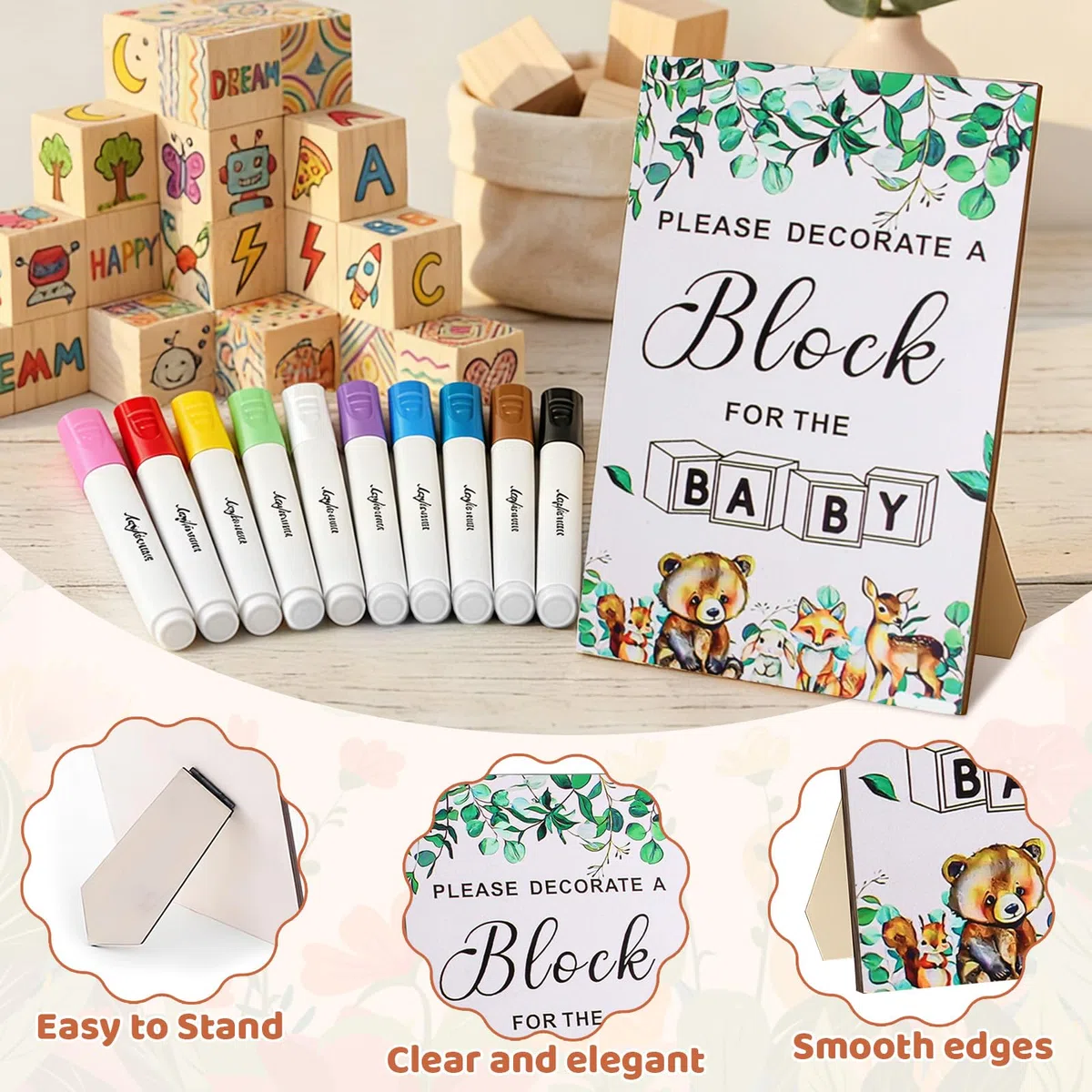 Juego de 104 Letreros para Baby Shower, actividades con bloques de madera, lápices y plantillas, actividad creativa y decoración para invitados, Mini Natural Cubos de Madera Baby Shower