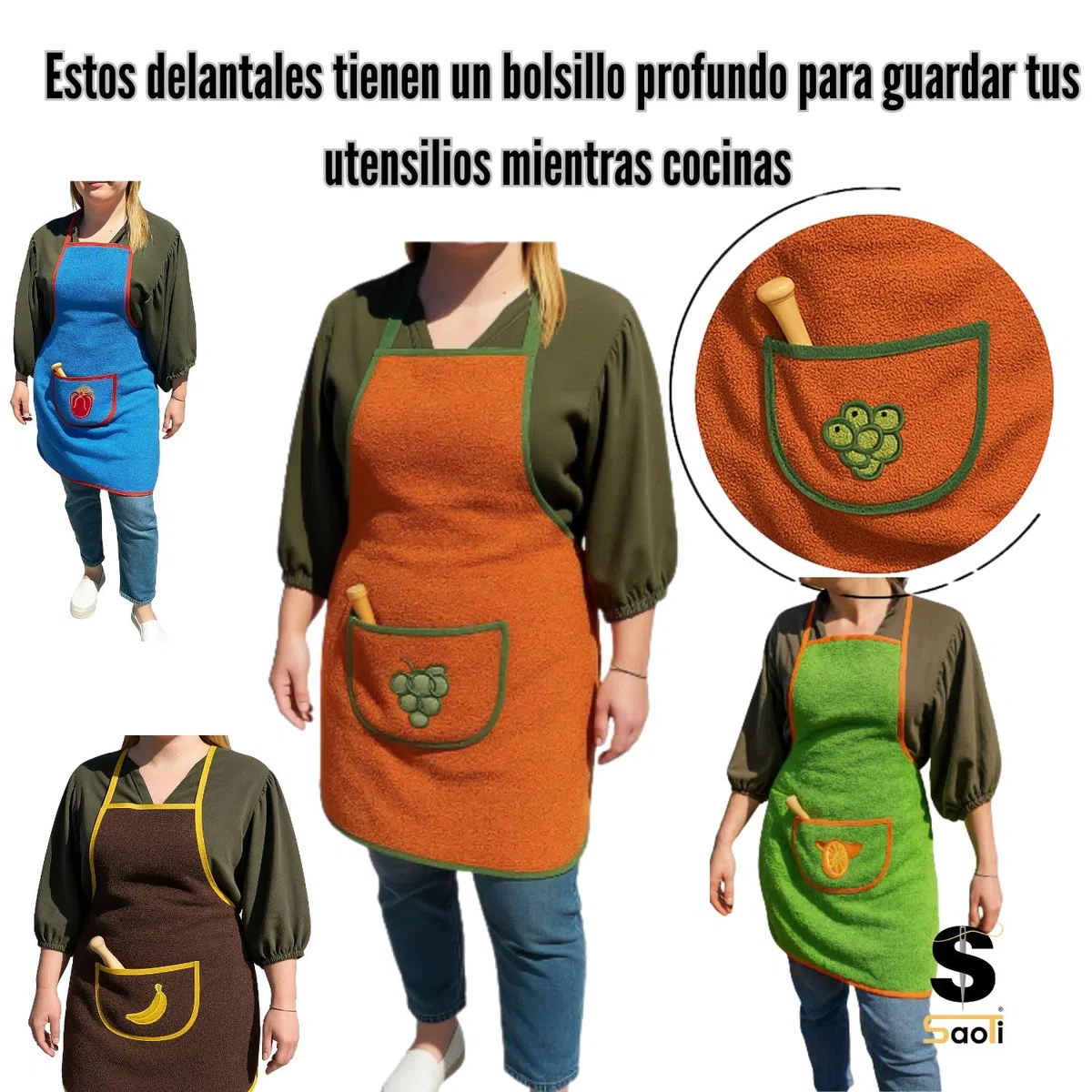 SaoTi Pack de 1,4 u 8 Delantales de Rizo/Toalla, Fabricados 100% en Algodón, frutas bordadas, ideal para secar.Delantal de cocina Mujer