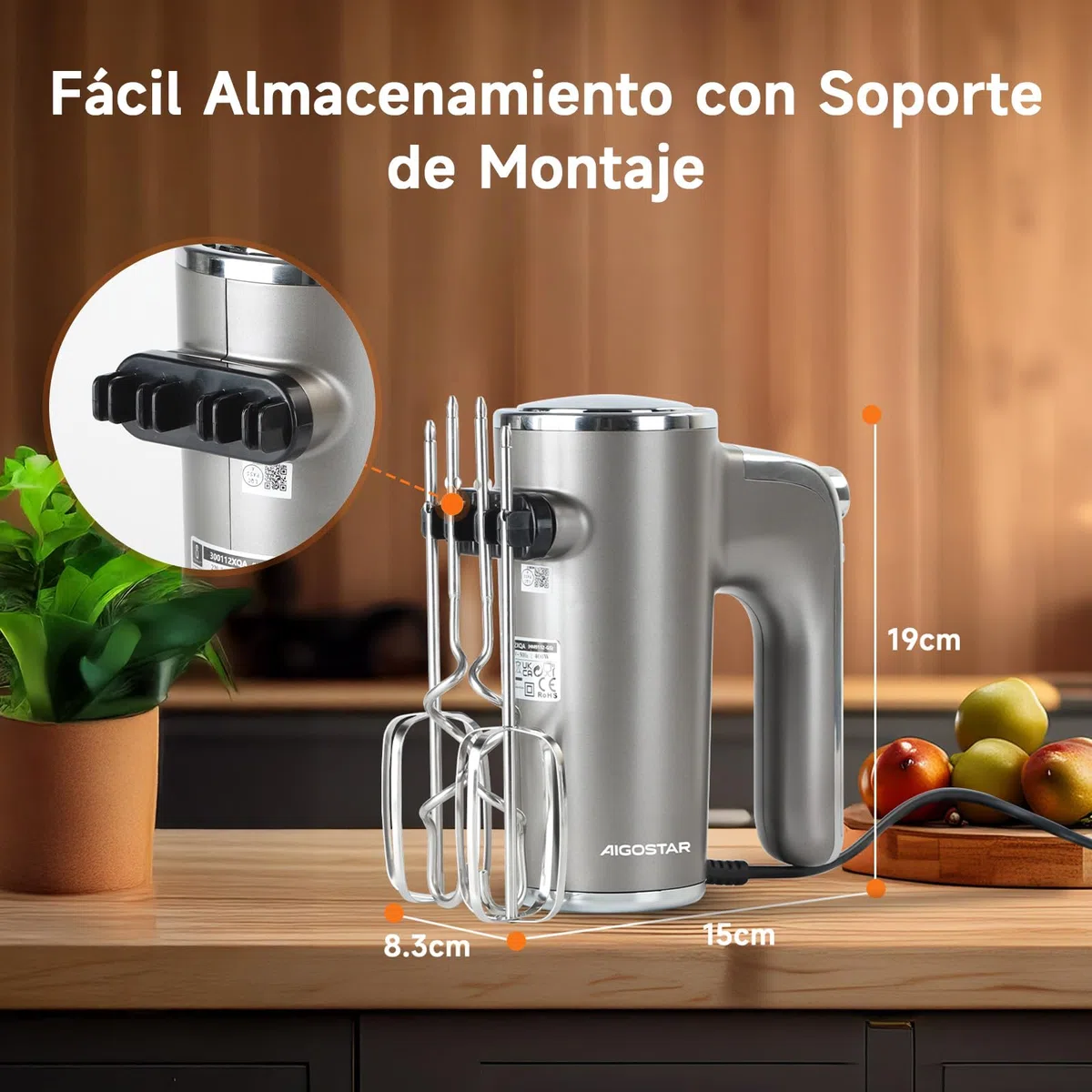 Aigostar Batidora de Varillas 400 W con 5 Velocidades y Función Turbo, 2 Varillas y 2 Ganchos, Batidora Amasadora Reposteria de acero inoxidable, Soporte de Almacenamiento. Adela