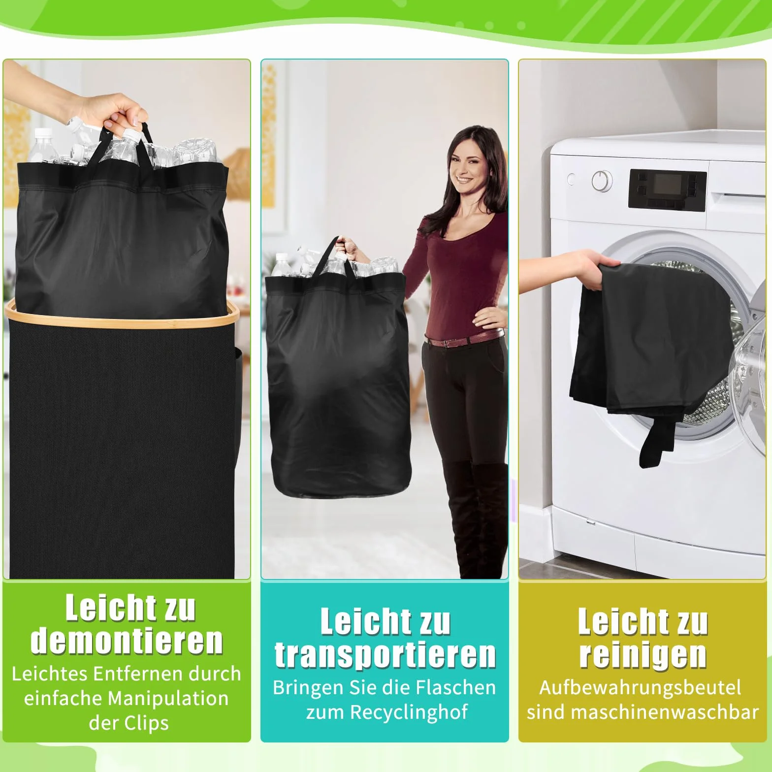 Hysagtek Botellas de depósito de 100 l, recipiente con 2 bolsas de transporte extraíbles, recipiente para depósito de depósitos con tapa, recipiente vacío para la cocina