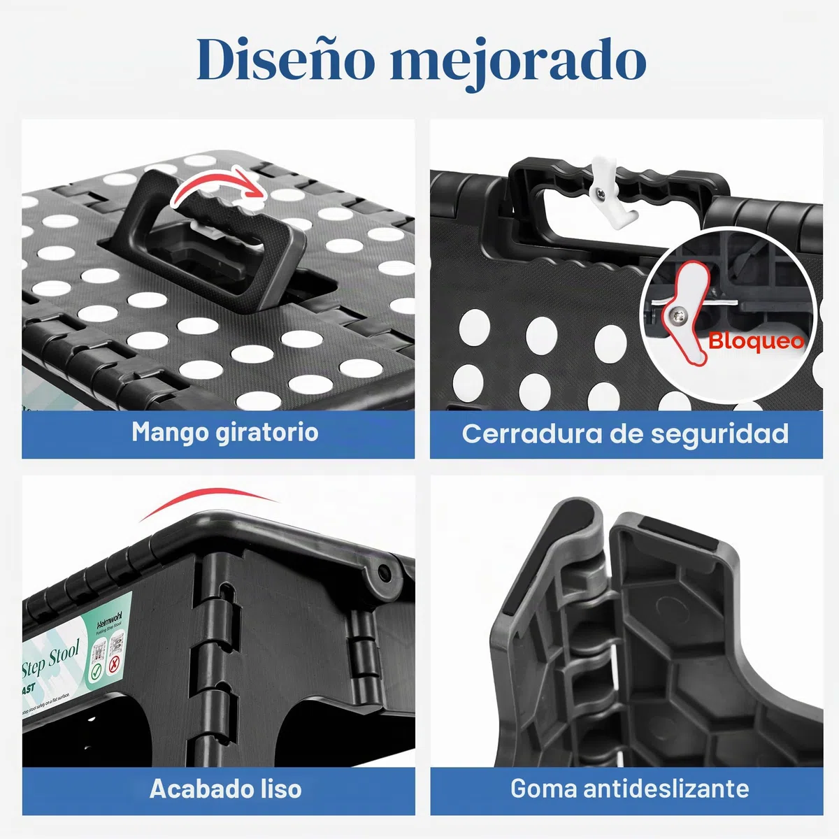 Taburete plegable de 40 cm, color negro, 2025, con capacidad de carga de 150 kg, taburete plegable con bloqueo de seguridad y mango giratorio, ideal para el hogar, oficina, exterior, cuidado