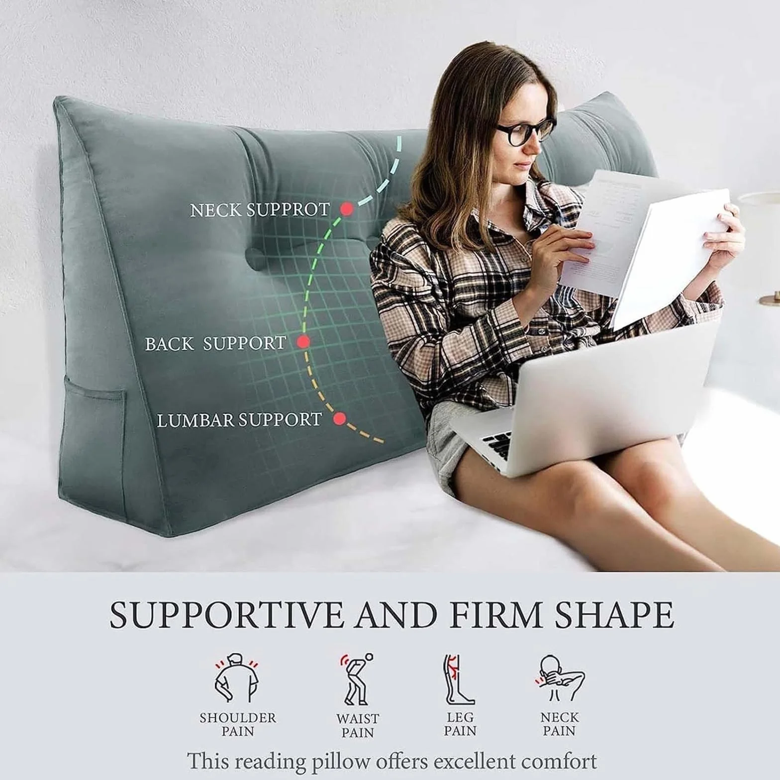 Cojín Cuña Triangular Cómodo Almohada De Lectura De Cabecera Respaldo Cabecero Desmontable Cojín Lumbar De Cuña Refuerzo De Apoyo De Posicionamiento Cojín Lumbar De Lectura,A,150cmx50cmx20cm