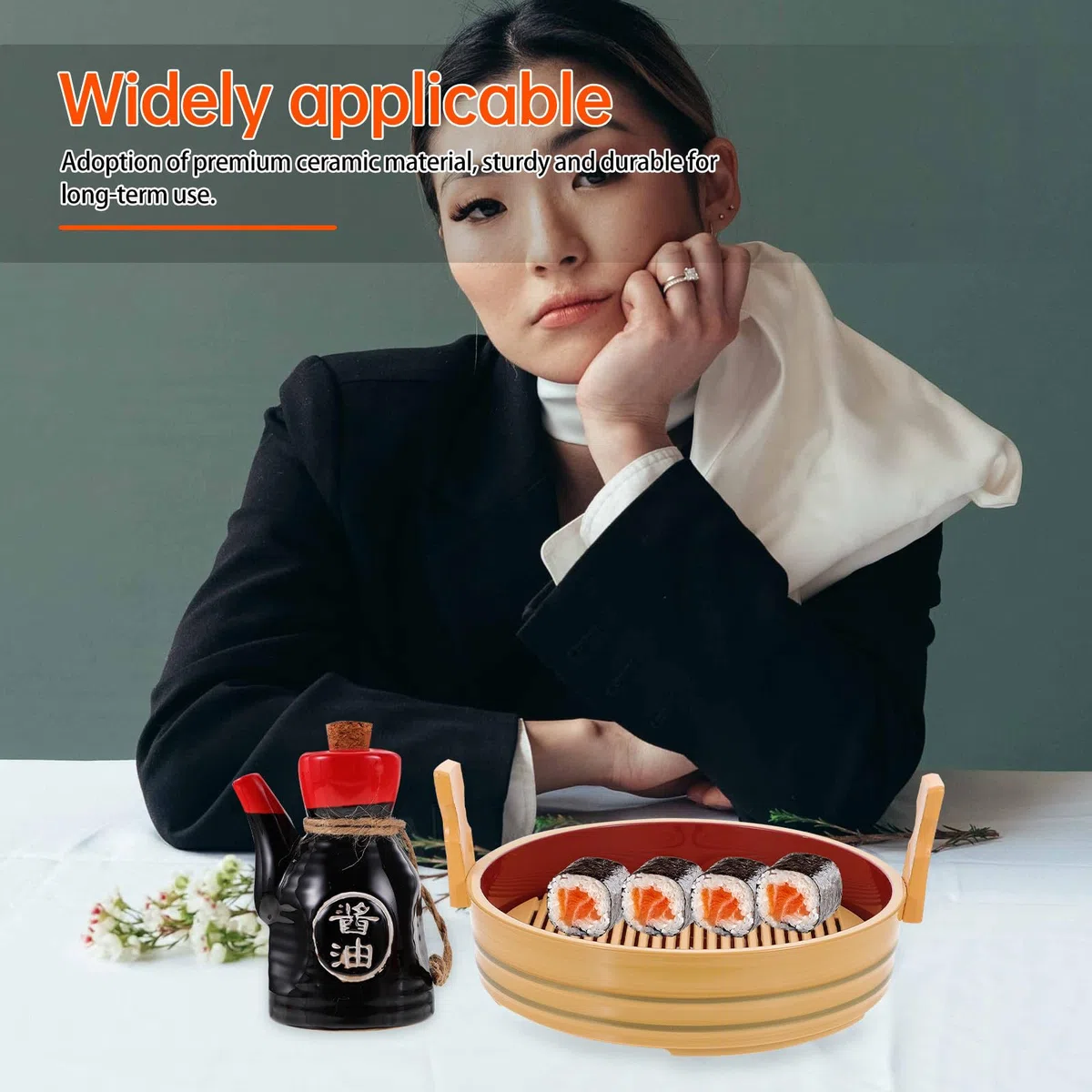 Levemolo Juego de Dispensador de Salsa Japonesa Capacidad 200ml con Tapa de Corcho y Bandeja de Cerámica Mantiene Frescura y Previene Contaminación para Cocina y Uso Diario