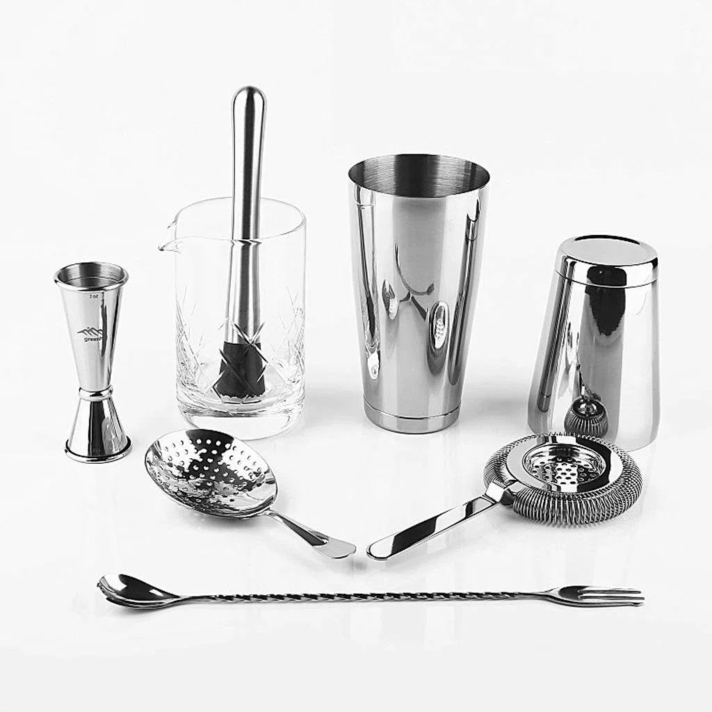Juego de herramientas de barras de 8 piezas Bartender Kit Shaker, Jigger, colador, Cuchara, Muddler Mezcla de vidrio