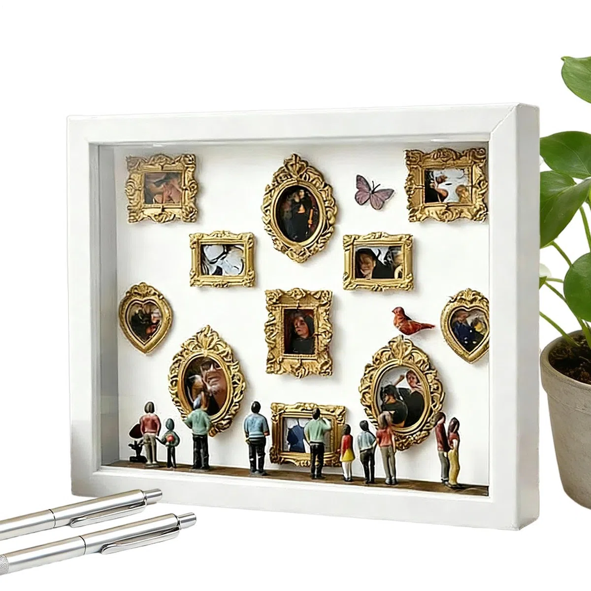 Genérico Marco de Museo Miniatura,Vitrina para Fotos con Luz y Silueta - 11 Piezas de Marcos Miniaturas con 8 Figurillas - para Decoración del Hogar, Bodas y Cumpleaños Familiares
