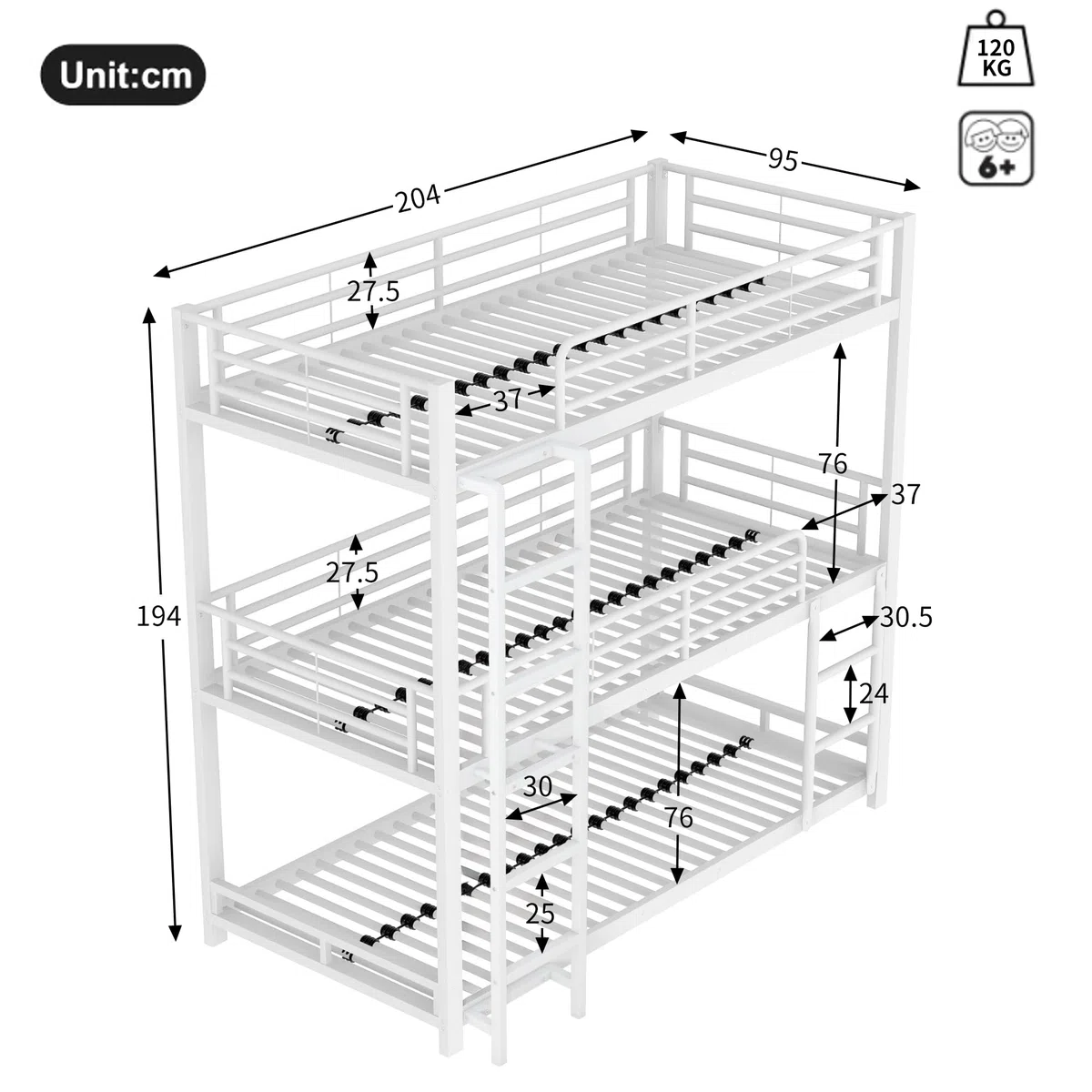 Lcoho Cama de metal, litera, cama de hierro, litera triple para niños, adolescentes y adultos (blanco)