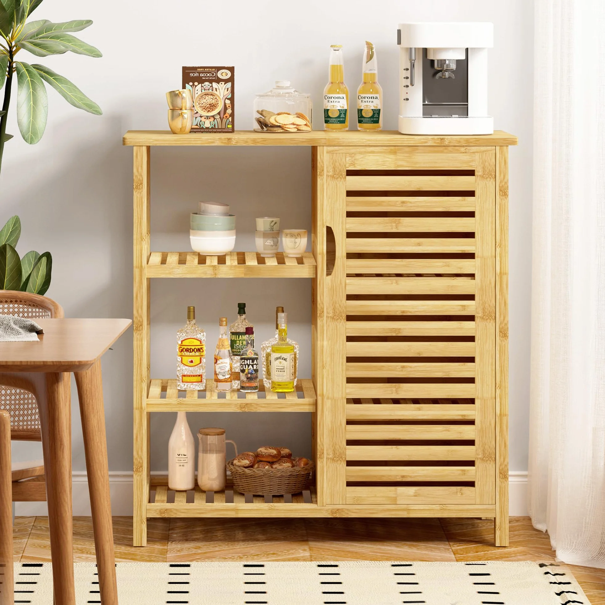 SogesPower Gabinete de Almacenamiento de Piso de baño con Puerta y estantes, Organizador de Almacenamiento Independiente con Puerta de Obturador, gabinete de bambú de 3 Niveles para Cocina, Sala