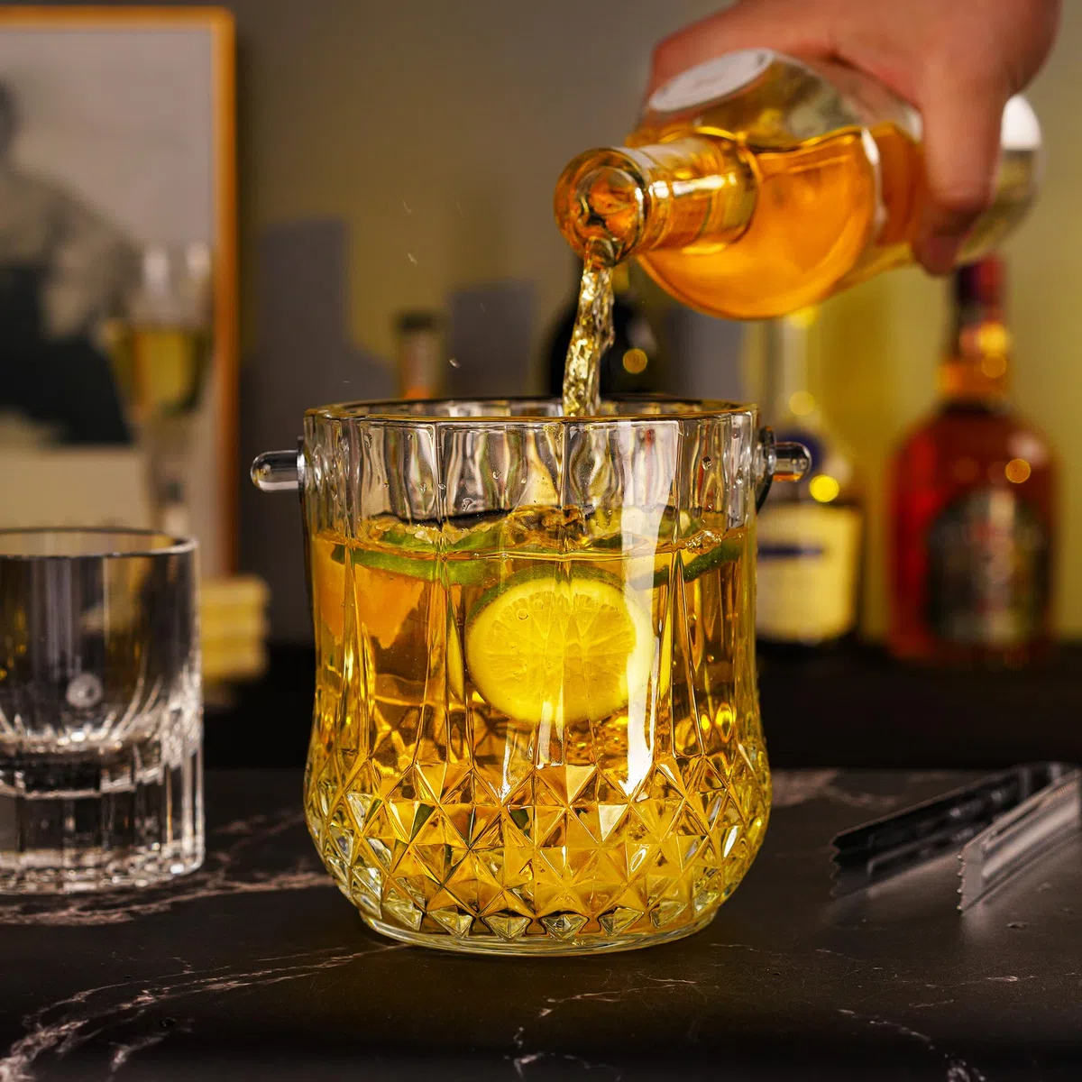 Cubitera de hielo de vidrio con asa y pinza para 37 onzas de cubitos de cristal transparente para cóctel, bar, vino, hogar, fiestas, cubo de champán