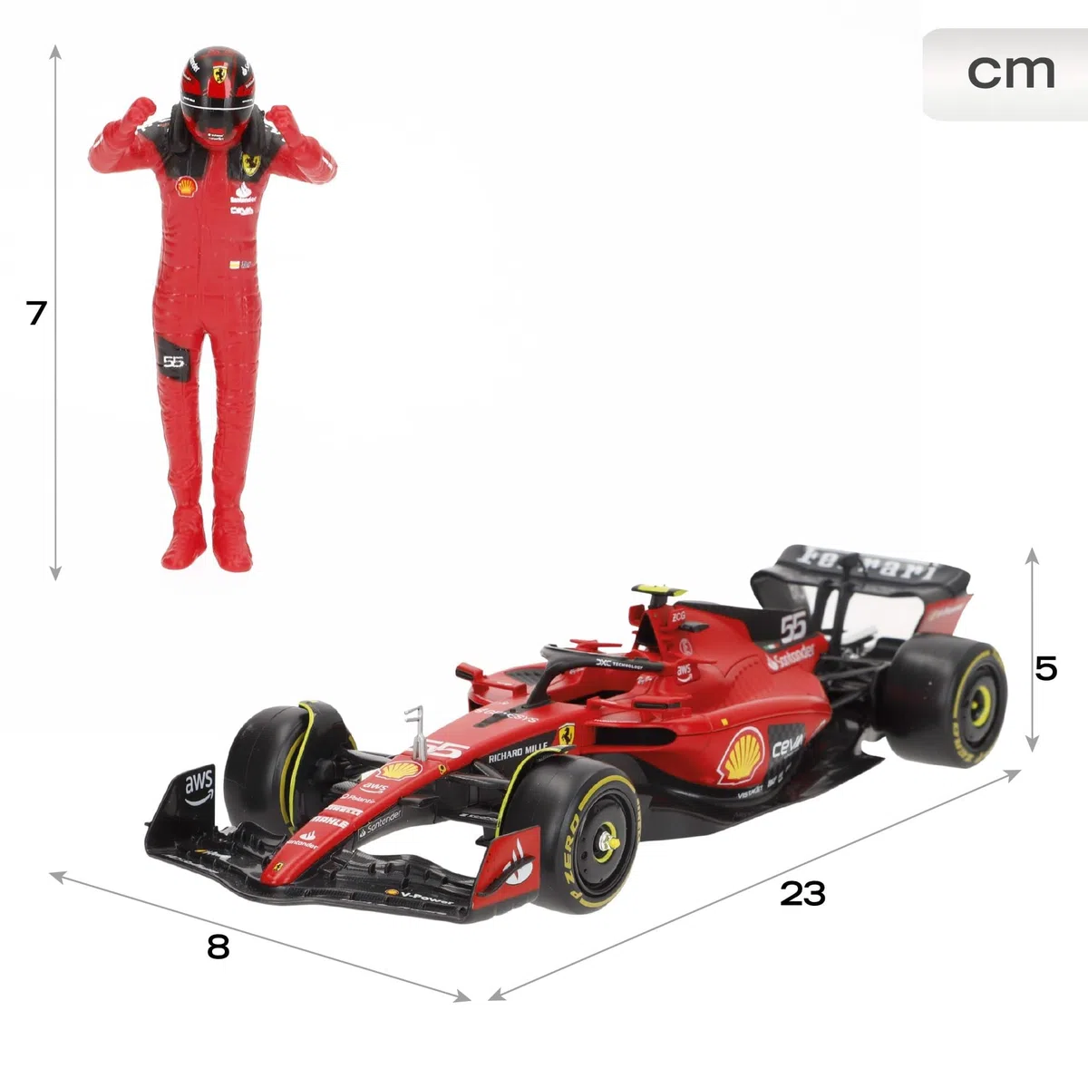 Burago Maqueta coche Fórmula 1 2023 Carlos Sainz, Ferrari SF-23, Escala 1/24, Incluye figura piloto, Maquetas coches, Miniatura de colección, F1, Burago, Regalos para coleccionistas, +14 años (78060)