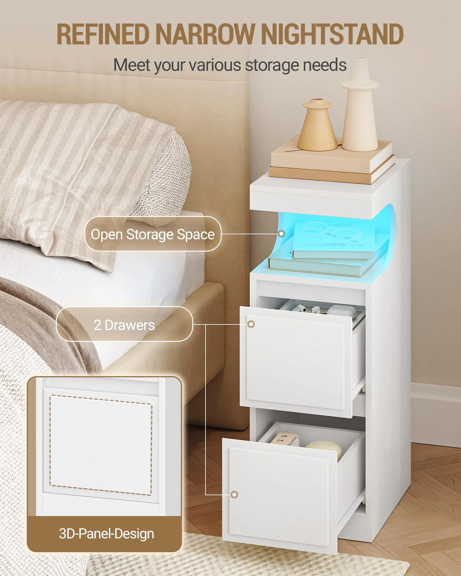 Hzuaneri Mesilla de Noche con LED, Mesas Auxiliares con 2 Cajones, Mesilla de Noche con Compartimento Abierto, luz Regulable, para Dormitorio, Salón, 30 x 24 x 65 cm Blanco NS39113X
