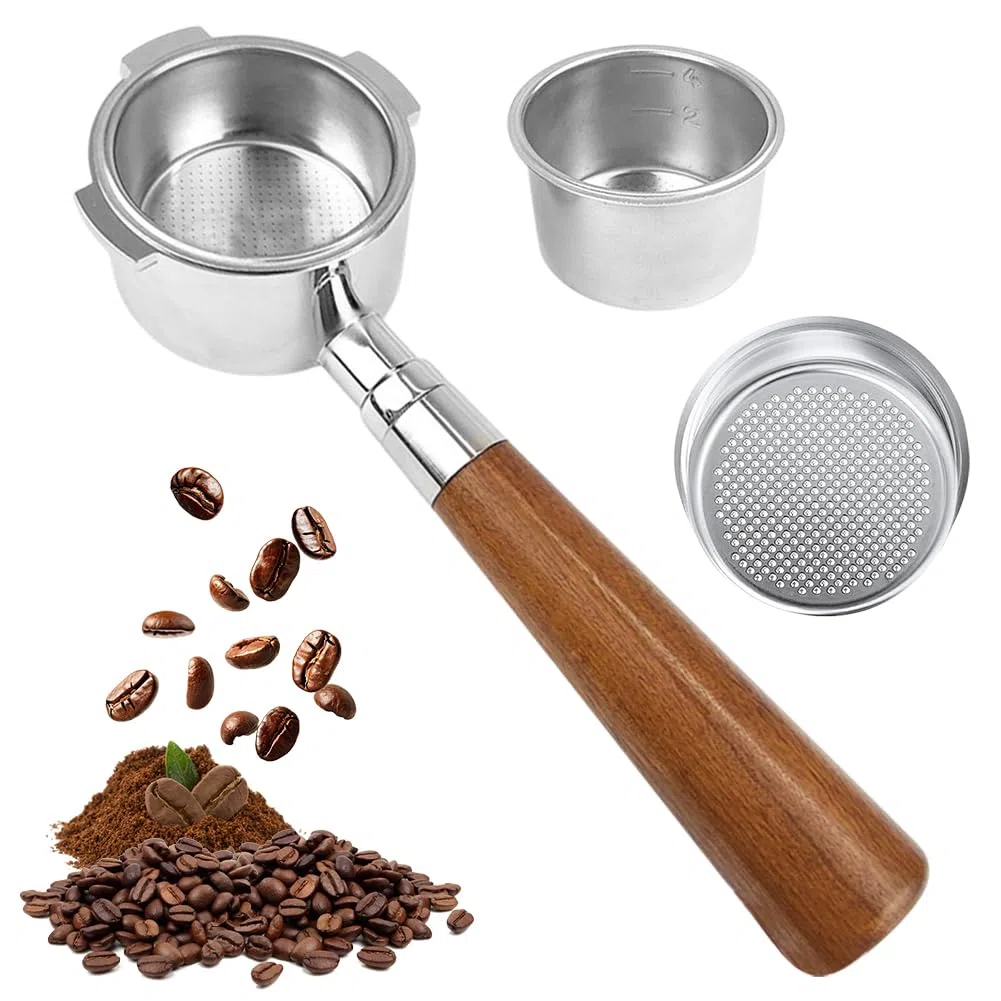 Portafiltro sin fondo 51mm para DeLonghi Dedica EC680/EC685/EC885 con 3 orejas y asa de madera | Filtro de acero inoxidable de 0,3mm de poro | Compatible con EC785/EC820/EC850/EC860, construcción
