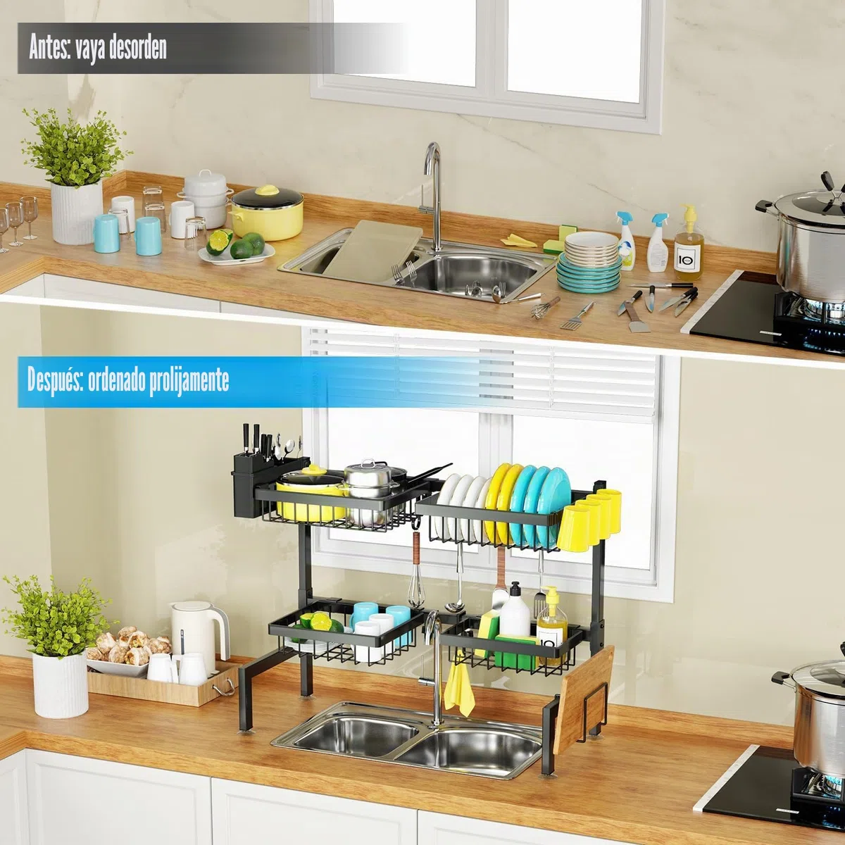 SNSLXH Escurridor de Platos de 2 Niveles, 4 cestas sobre el Fregadero, 67.5 cm-89.9 cm, Estante Grande para Fregadero para Cocina, Extensible y Ajustable, Ahorra Espacio en la Cocina