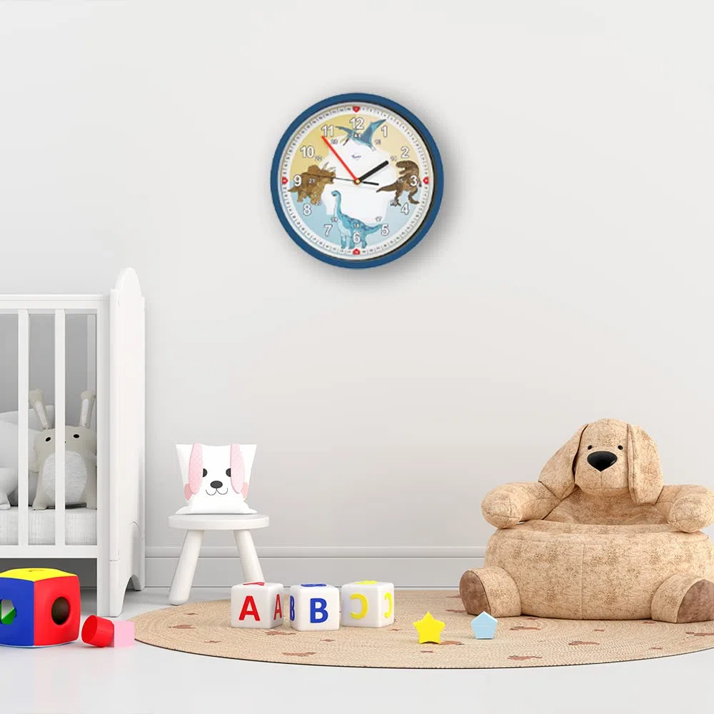 Bruni Reloj de pared infantil con diseño de dinosaurios, para niños y niñas, sin ruido de tictac, silencioso