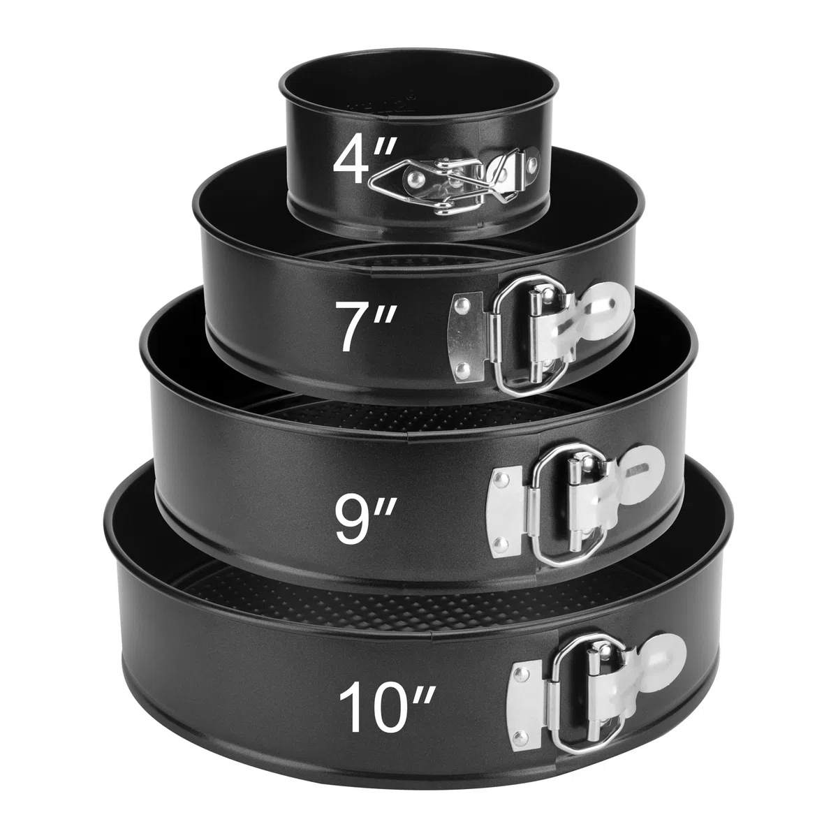 Juego de 4 moldes para tartas de 11/18/23/26 cm, redondos moldes rectangulares, de acero al carbono, antiadherente, redondo, rectangular, con base extraíble, color negro