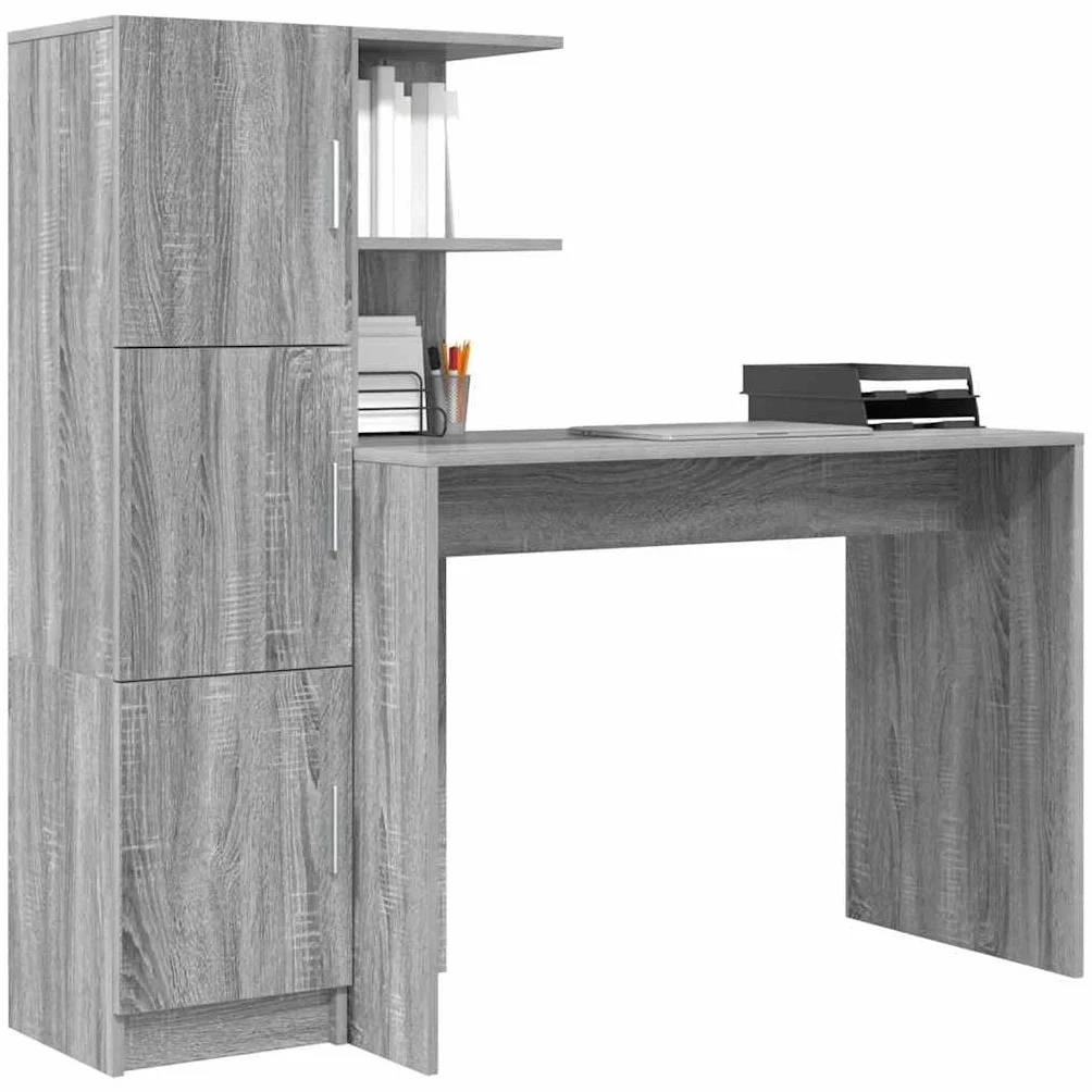 Escritorio de madera Sonoma gris con espacio de almacenamiento y estantería, 133,5 x 50 x 124 cm, 2 piezas, ergonómicamente ahorra espacio para oficina, oficina en casa y lugar de trabajo