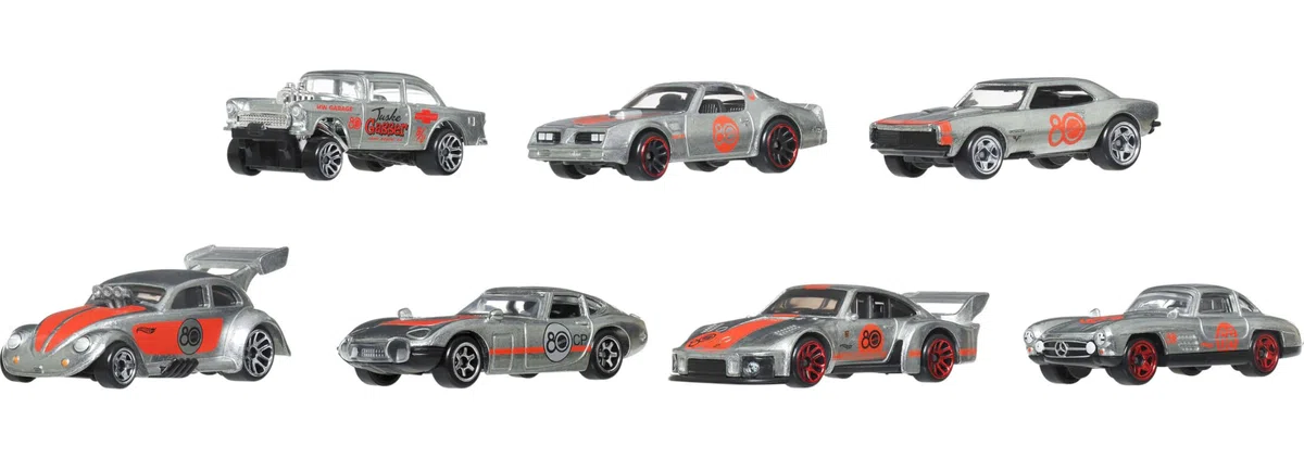 Hot Wheels Mattel JHF01 80.º aniversario 7 vehículos con 7 mini coches, a partir de 3 años, de metal