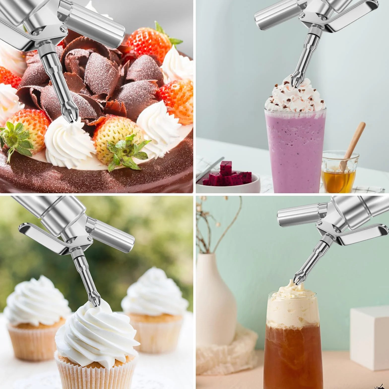 Fousenuk 500 ml Sifón de Cocina Espumas, Dispensador de Crema Aluminio con 3 Boquillas Acero Inoxidable y 1 Cepillo, Sifon de Nata para Decorar Pasteles de Cumpleaños, Pastelería, Helados y Postres