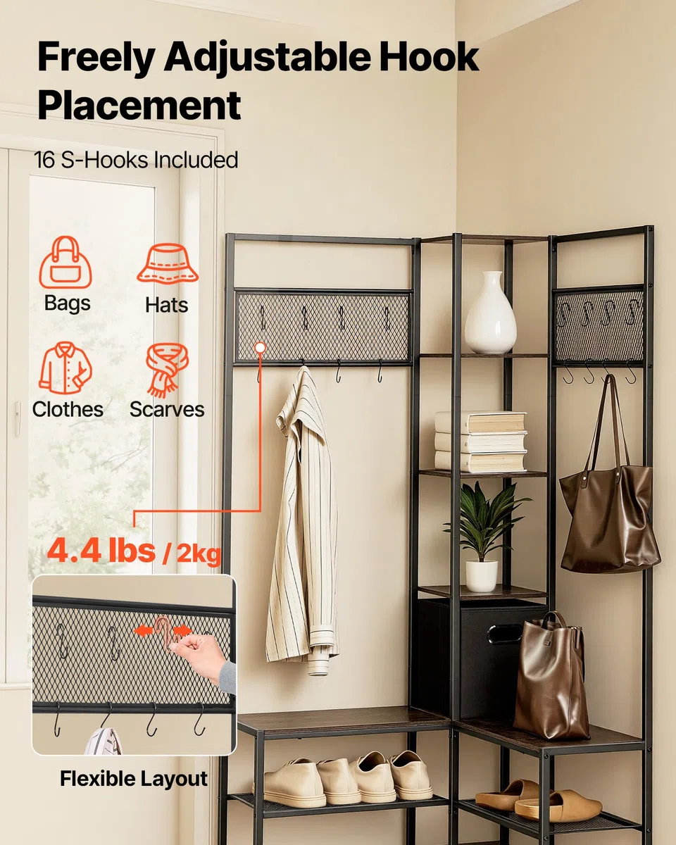 VEVOR Perchero de Esquina 180 cm, Organizador de Ropa con Ganchos Banco Zapatero y Estantes para Abrigos Bolsos Calzado, Armario Abierto para Entrada Pasillos Dormitorio Salón, Marrón Rústico y Negro