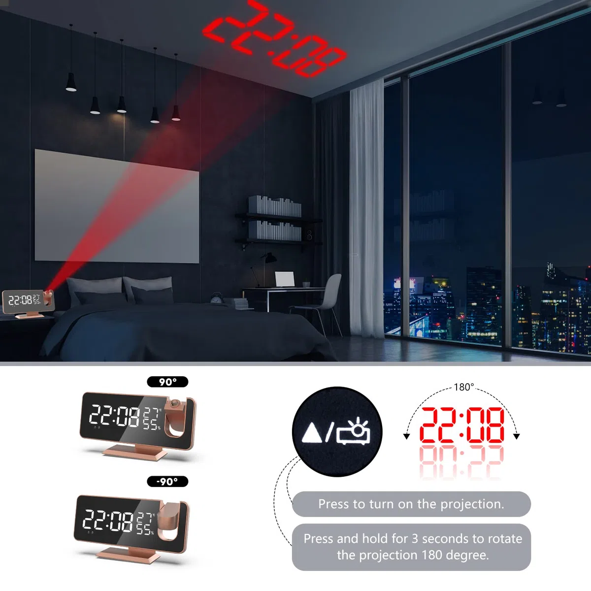 Reloj Despertador con Proyector Funciona con Red, para mesita de Noche Temperatura Indicador de Humedad Incluye Adaptador