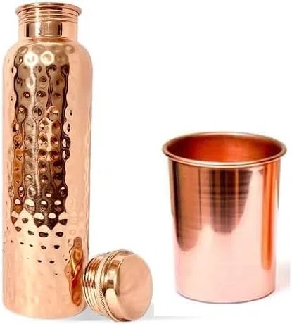 1 botella de agua de cobre con 1 vaso de cobre, juego de vasos para beber, utensilios de cocina, artículo de cobre para uso en cocina, paquete de 2 (botella de 1000 ml y vaso de 300 ml)