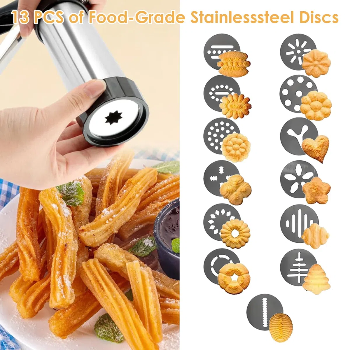 Máquina para Hacer Churros, Churreras Manuales, Prensa para Galletas con 13 Plantillas, Jeringuilla Cocina con 8 Boquillas, Repostería Casera, para Churros, Galletas y Decorar Postres