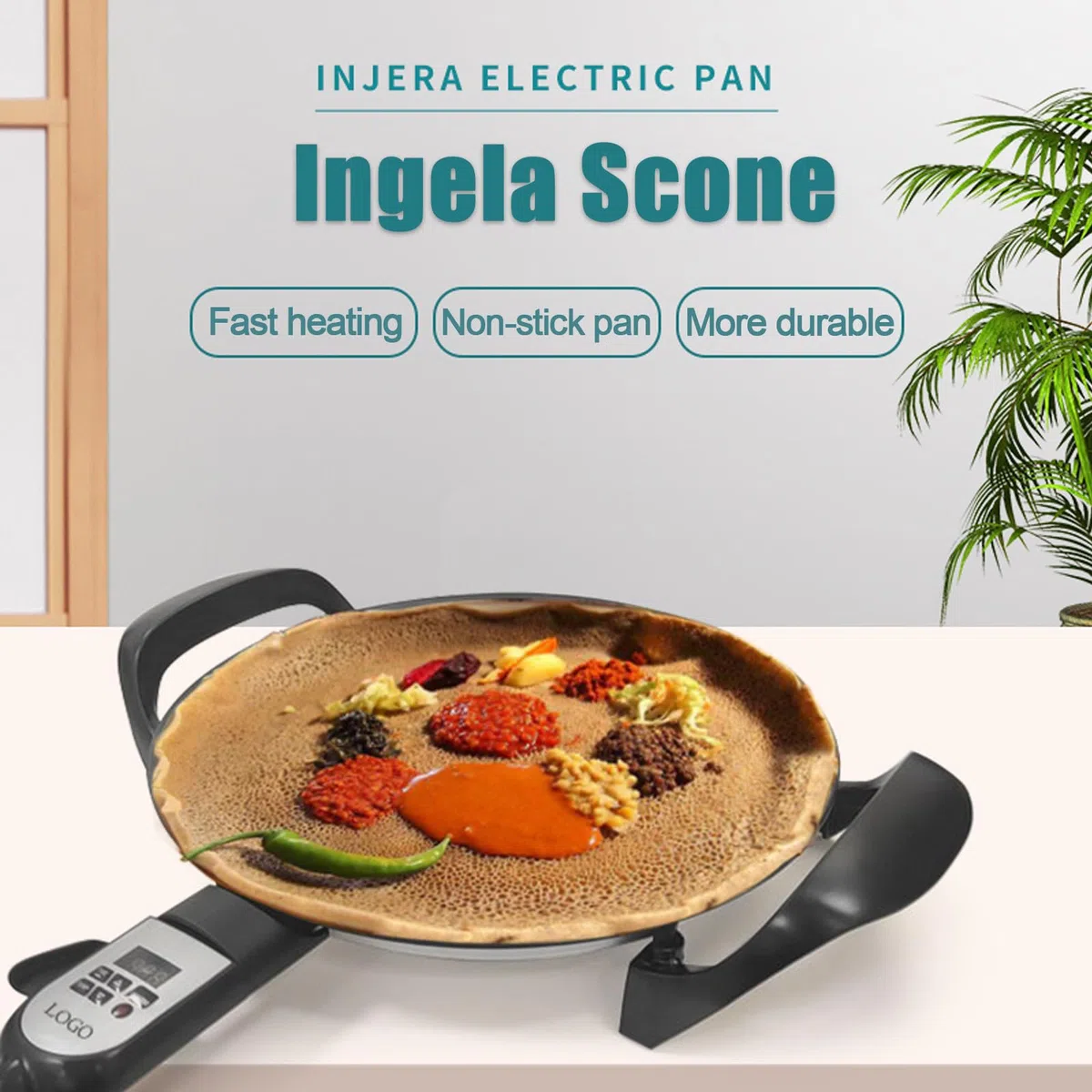 Pliddle Eléctrico De 40 Cm para Injera Etíope, Fabricantes De Crepes Antiadherentes Y Chapati & Skyet and Panqueke Fabricante De Panqueques, Control De Calor Digital Ajustable, Incluso Distribución