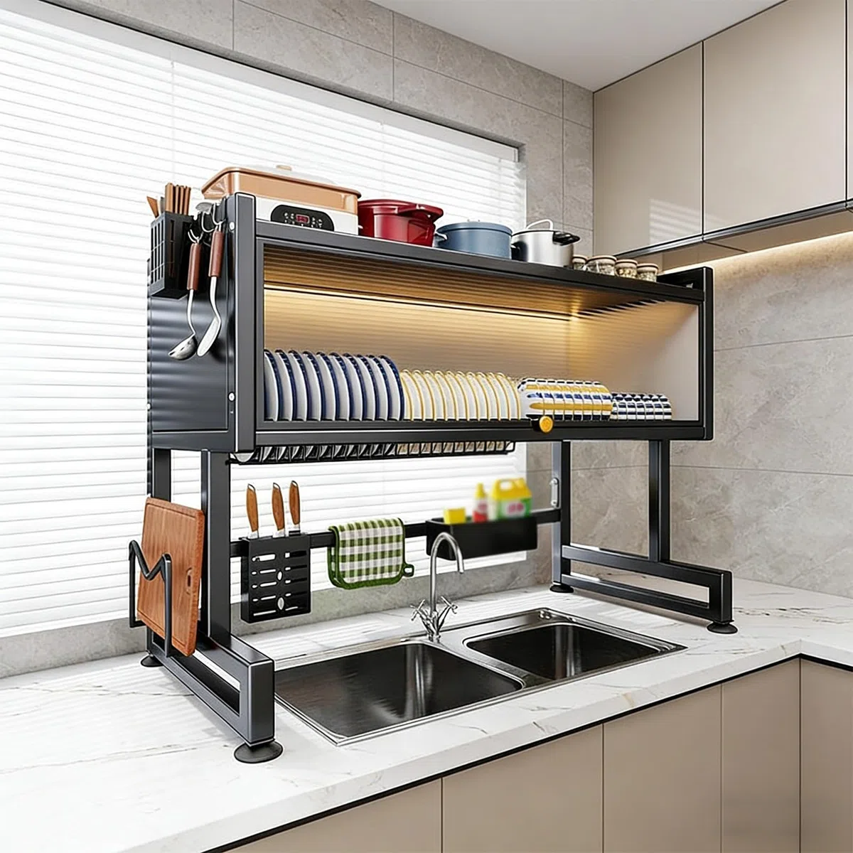 Escurridor de platos para colocar sobre el fregadero, estante grande de organización para encimera de cocina, escurridor de platos para platos, vasos, cubiertos