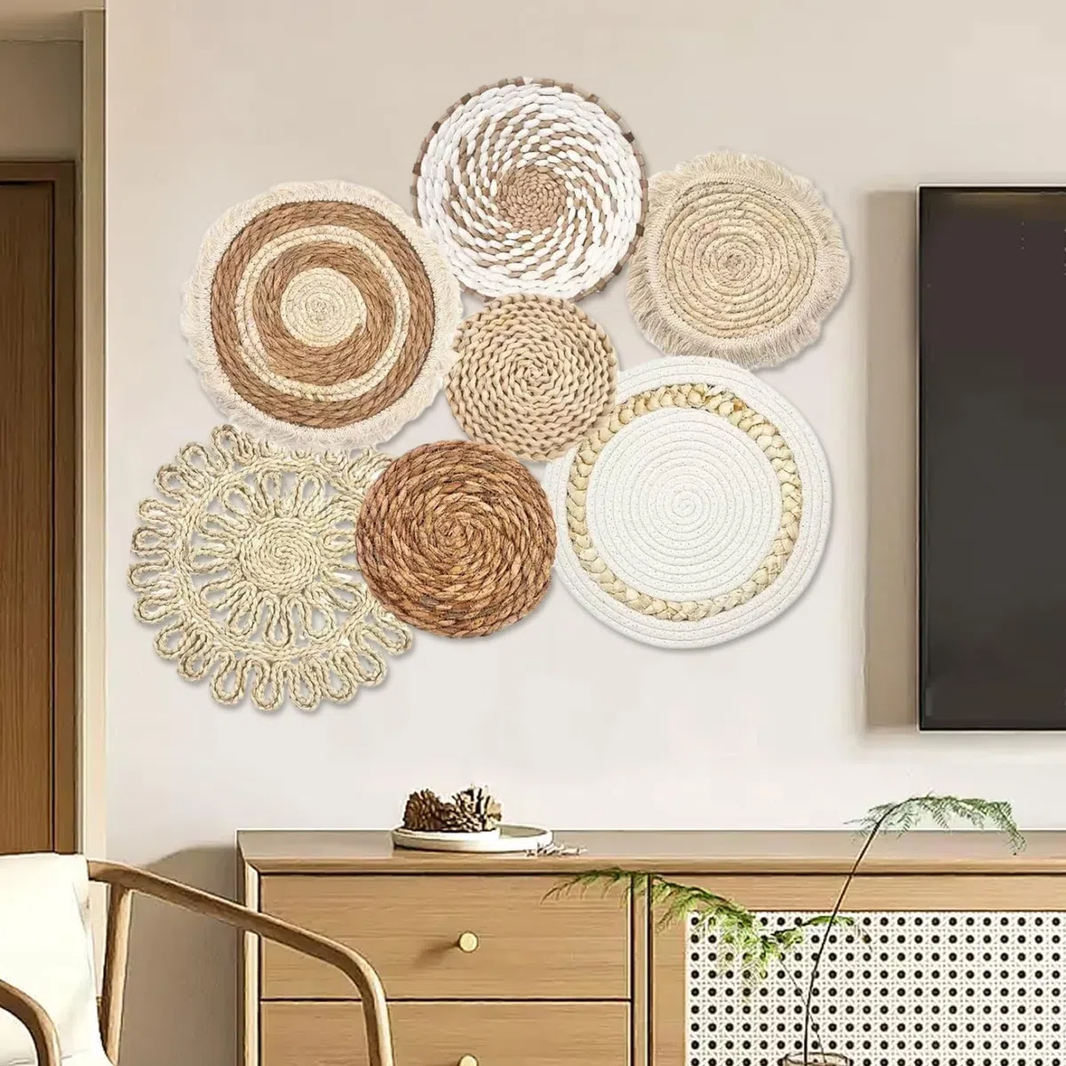 Decoración de la cesta de pared tejida colgante, cestas de pared boho 7pcs/set de diferente tamaño y estilo decoración de canasta boho tejido y arte decorativo redondo para sala de estar, dormitorio