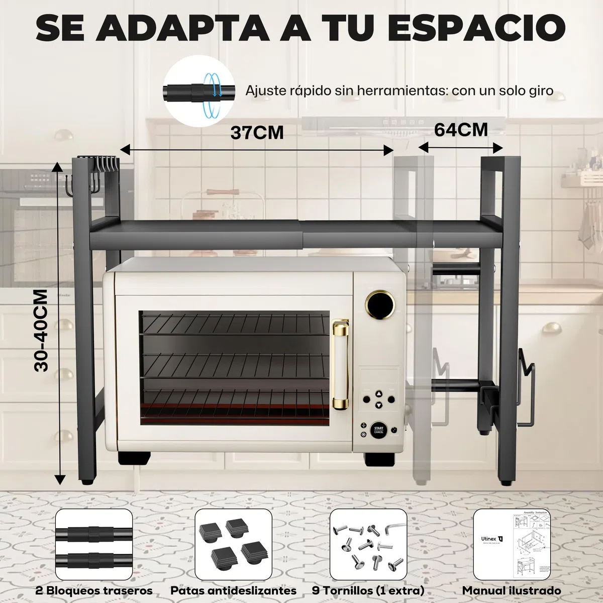 Soporte Extensible Microondas 2 Niveles - Mueble Estantería Cocina | Estante de encimera, organizador de almacenaje: 6 ganchos, portacuchillos y tabla de cortar. Acero al carbono, negro