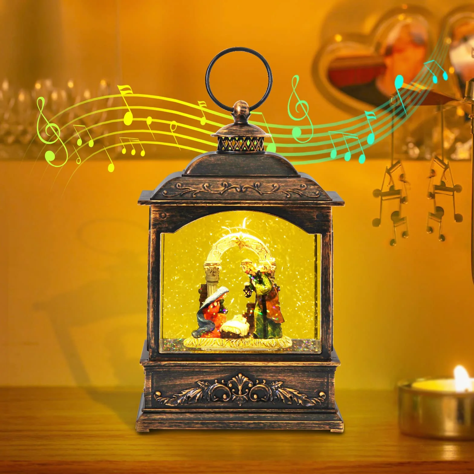 Globo de Nieve de Navidad Remolino de Purpurina Linterna Musical Belén Esferas Globo de Nieve Estilo Retro Girador de Agua Con Temporizador De 6-Hora Funciona Con USB Pilas(Excl.) 20cm de Alto
