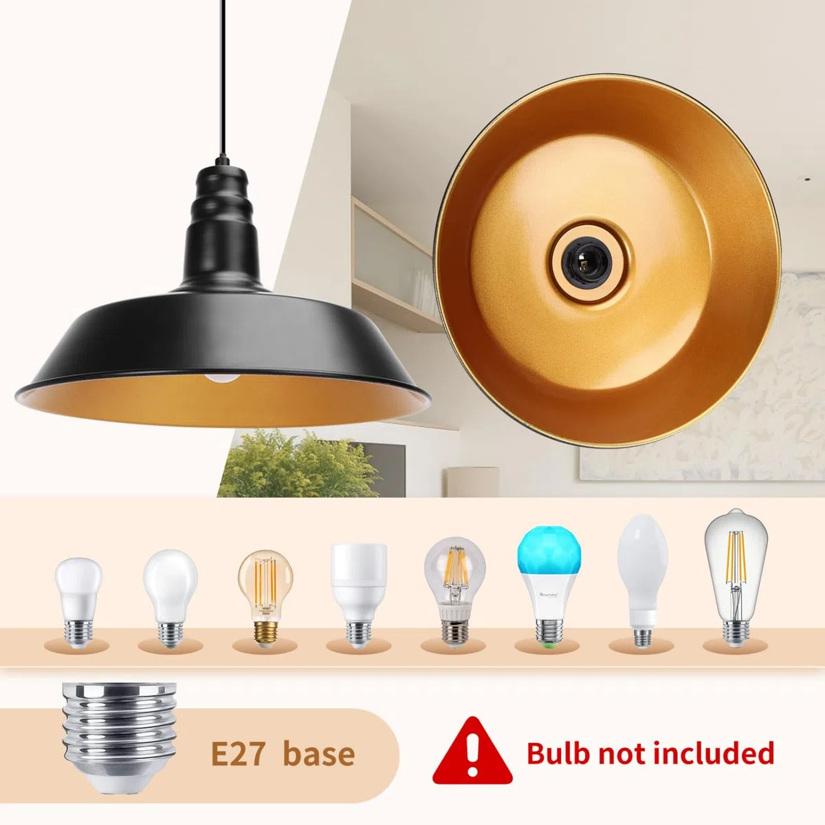 Aigostar Lámpara de techo Metal Lámpara Colgante negro y oro hemisférico E27 Industrial Estilo moderno para decorar el salón， pasillo， dormitorio， comedor etc