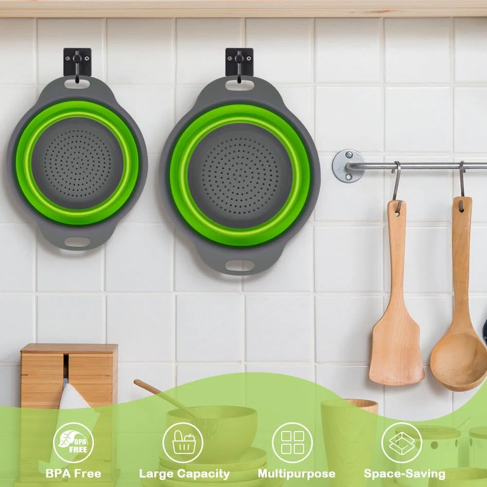 AUAUY 2 Piezas Colador de Cocina, Colador Plegable Redondo de Silicona con Asas, Coladores de Alimentos Ecológico con Orificio Grande para Escurrir Pasta, Verduras, Frutas(1 Grande y 1 Pequeño)