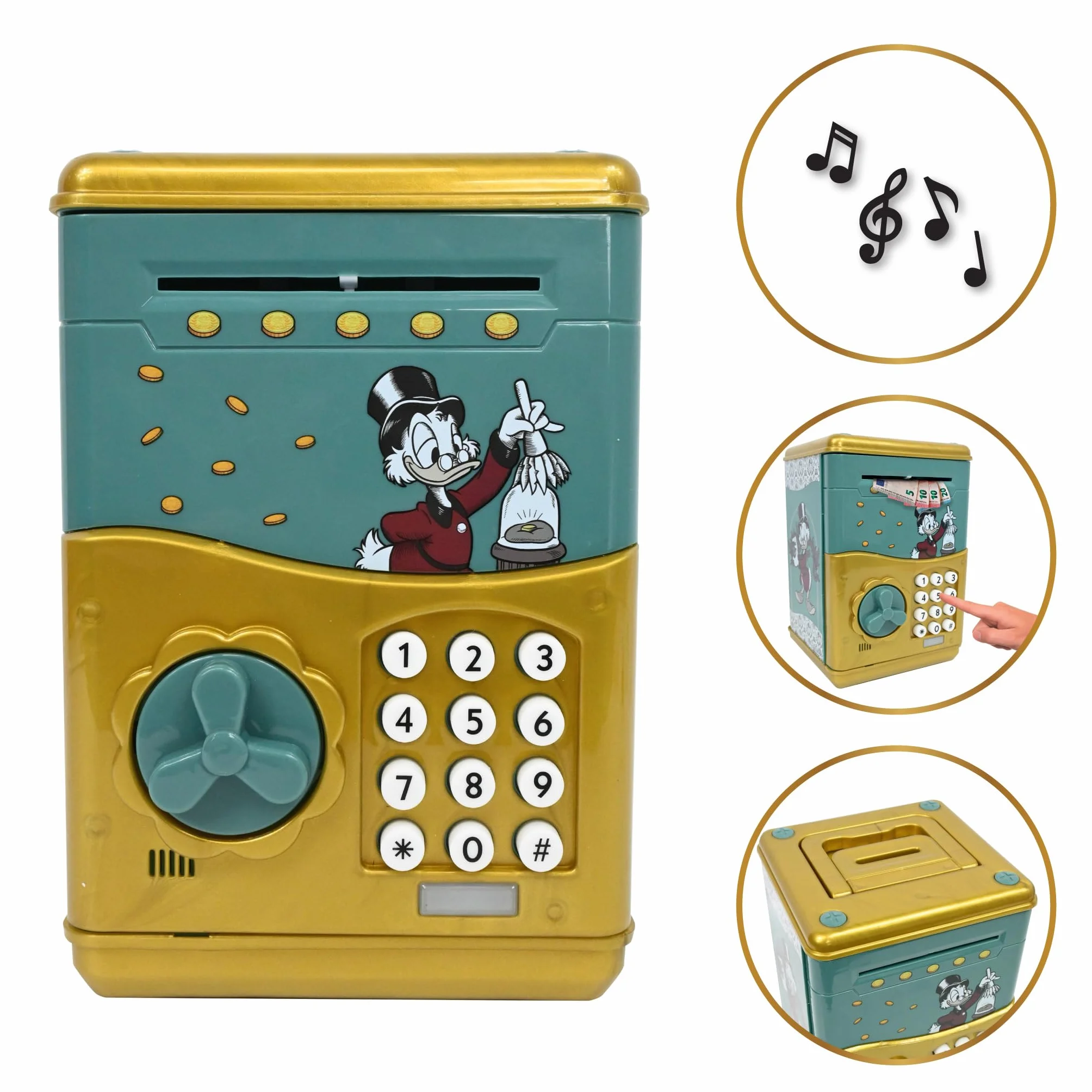 Lexibook, Disney Classics, Hucha electrónica Scrooge, Efectos de luz y Sonido, 9 Pistas Musicales Incluidas, Verde/Amarillo, JG150SC
