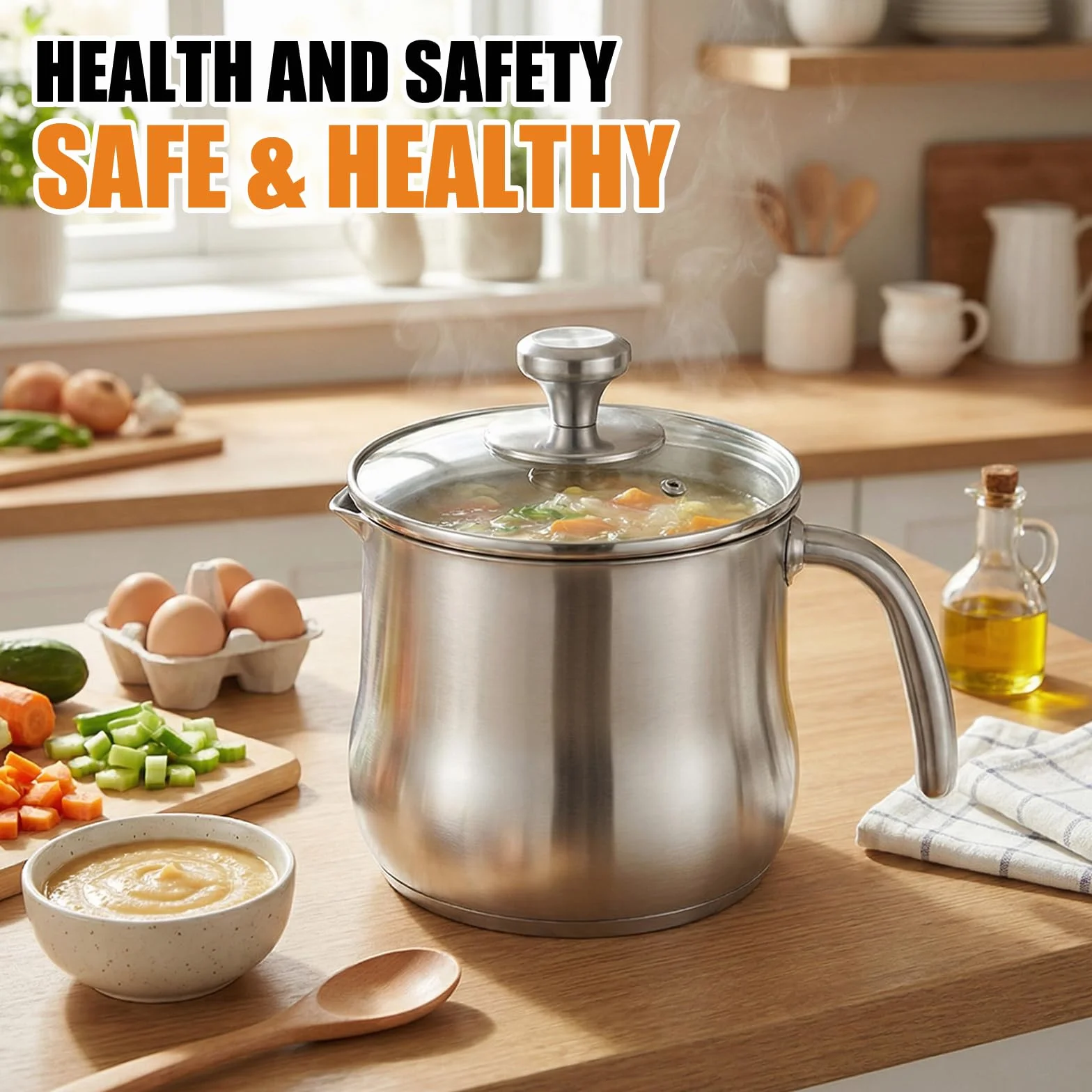 Olla para leche de 2 litros de acero inoxidable con tapa de cristal y vertedor, olla de inducción con asa, olla a fuego lento para pudin, para baño de agua, olla para fundir gas y todo tipo de fuegos