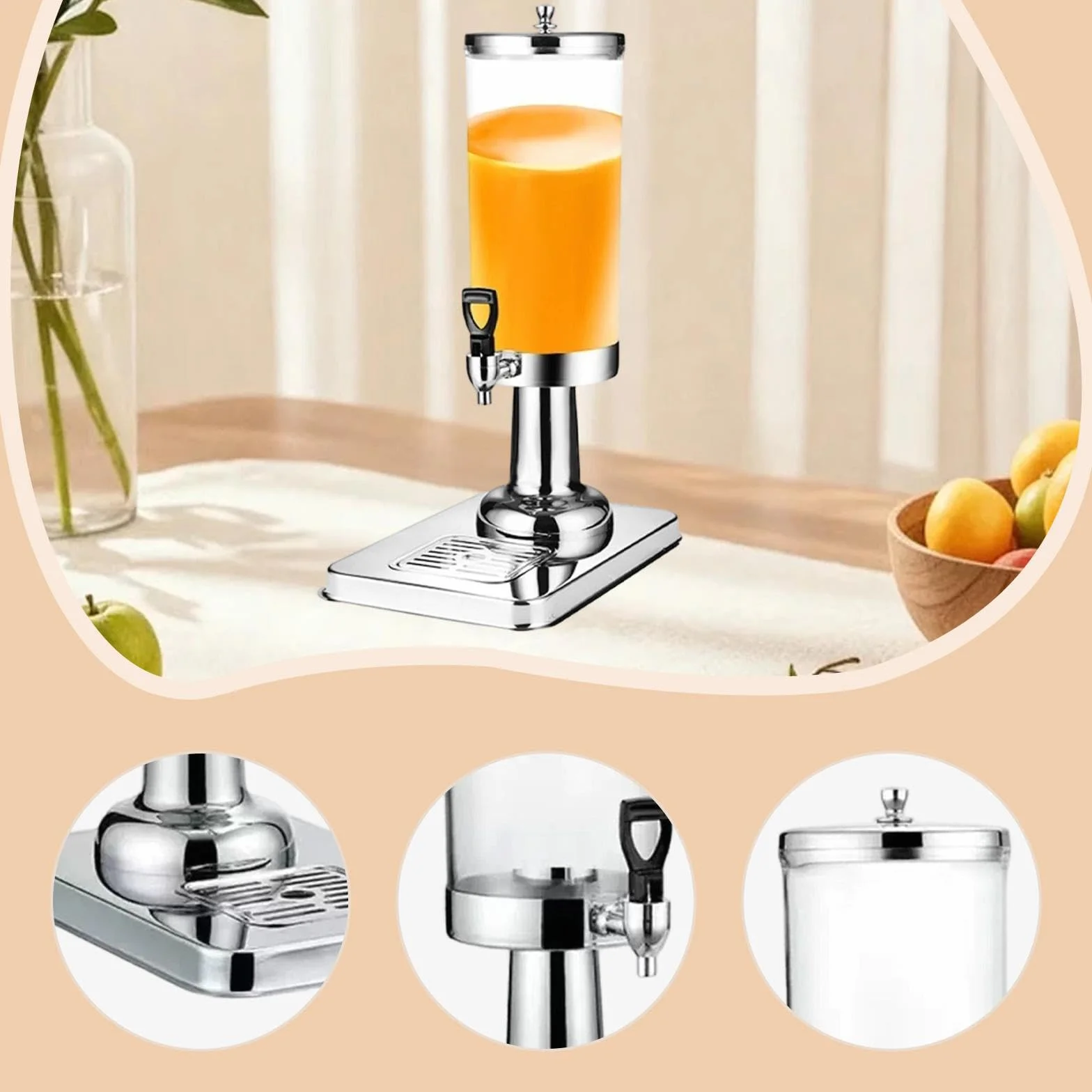 Dispensador de Bebidas con Bandeja Antigoteo, Recipiente de 3 litros para de Hotel, Plata, Individual
