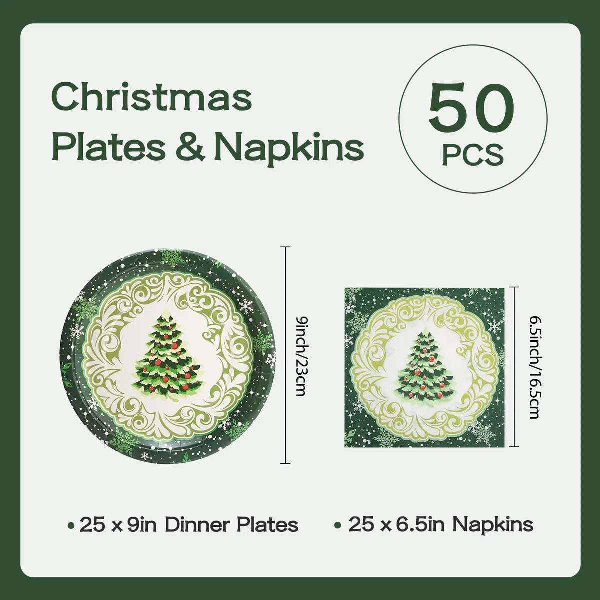 Platos y Servilletas De Papel Navideños 50 Unidades,Incluye 25 Unidades 23 cm Platos Navidad y 25 Unidades Servilletas,Patrón De Árbol De Navidad Verde,Para Decoraciones Navideñas