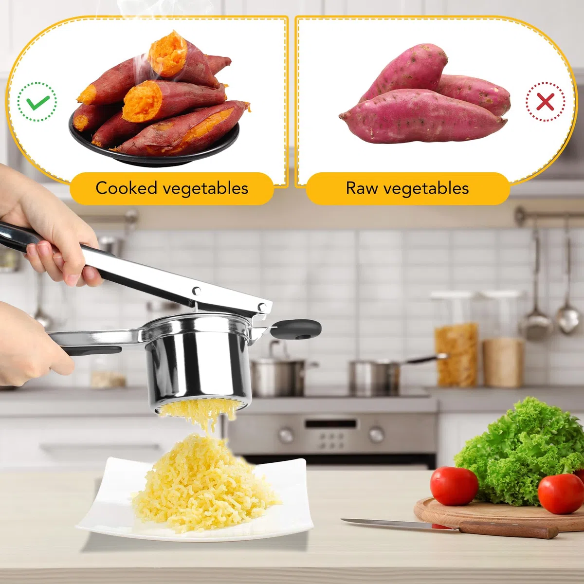 Prensa de patatas TOSAVGA, prensa de espaguetis de acero inoxidable, prensa de helados de espaguetis con 4 tamices intercambiables, exprimidor de helados de espaguetis