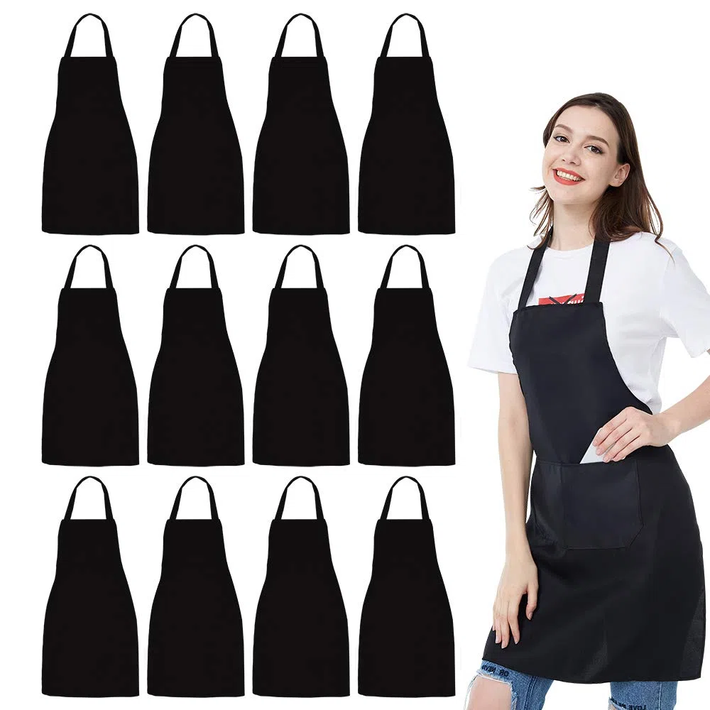NOBONDO, Delantales unisex con 2 bolsillos espaciosos, lavables a máquina para cocina, manualidades, barbacoa o dibujo, 12 unidades, Negro