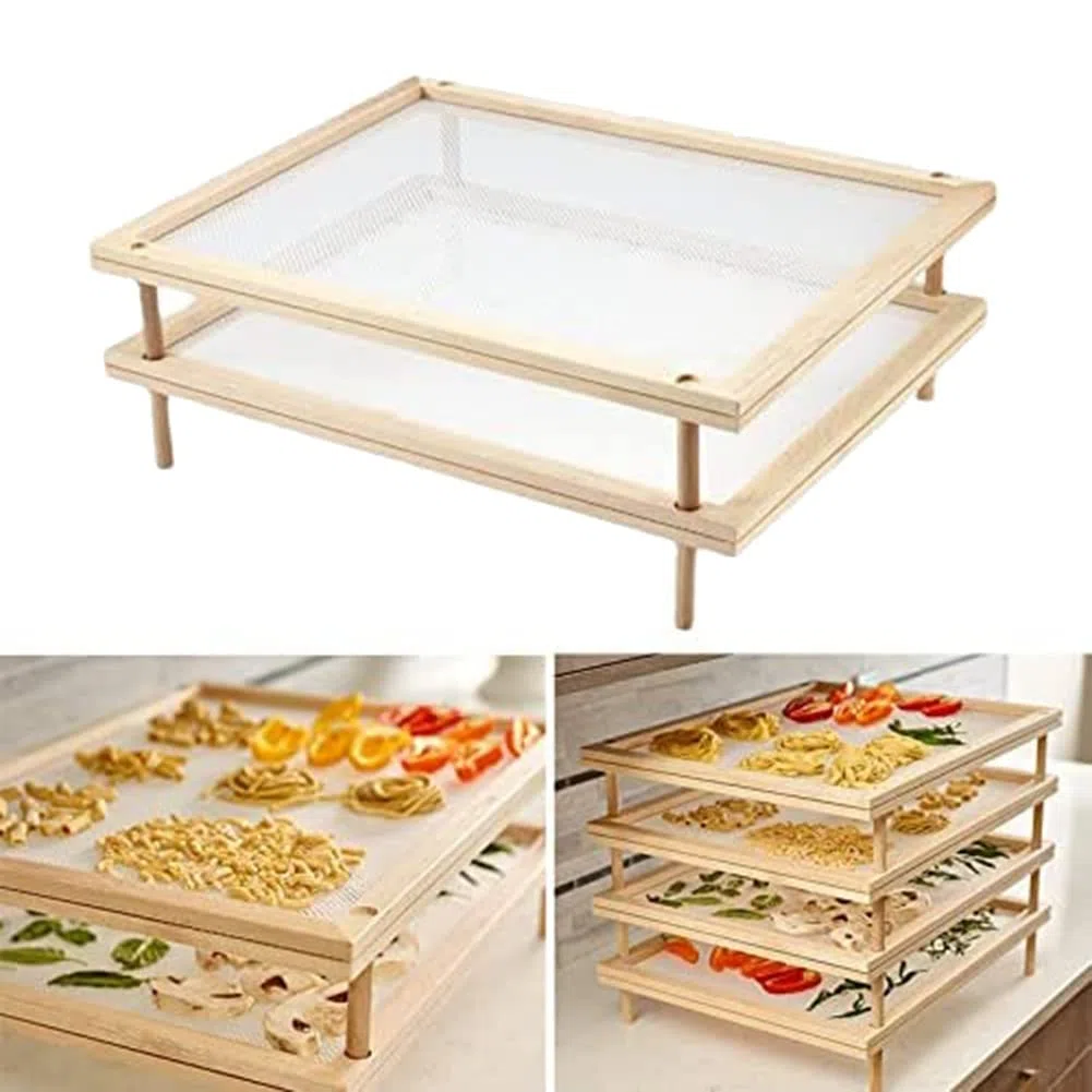 Secador de alimentos apilable con red de madera, estantes de secado de pasta, hierbas, multiusos, soporte para secadora de alimentos de 2 niveles